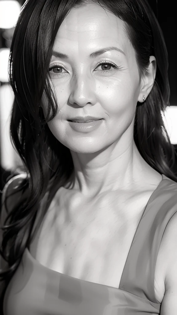 ((Highest quality, 8k, Ultra-high resolution)), ((masterpiece: 1.3)), (Perfect appearance), (Photorealism: 1.6), ((grayscale: 1.4)), (JMA), (KE), (夜の繁華街を歩く1人の日本人Mature Woman), A bustling downtown area at night with neon lights shining, 60 years old, (Mature Woman), Captivating Gaze, (She has many wrinkles on her face:1.4), ((Realistic skin texture)), (Fine wrinkles appear all over the skin, Dullness, Unmoisturized skin, Wrinkles around the eyes, double eyelid, Lower eyelid tear sulcus, Dimples), wide open lips, A big smile, (Medium Wave Hairstyle), (Small A cup breasts), (Standing), View from below,