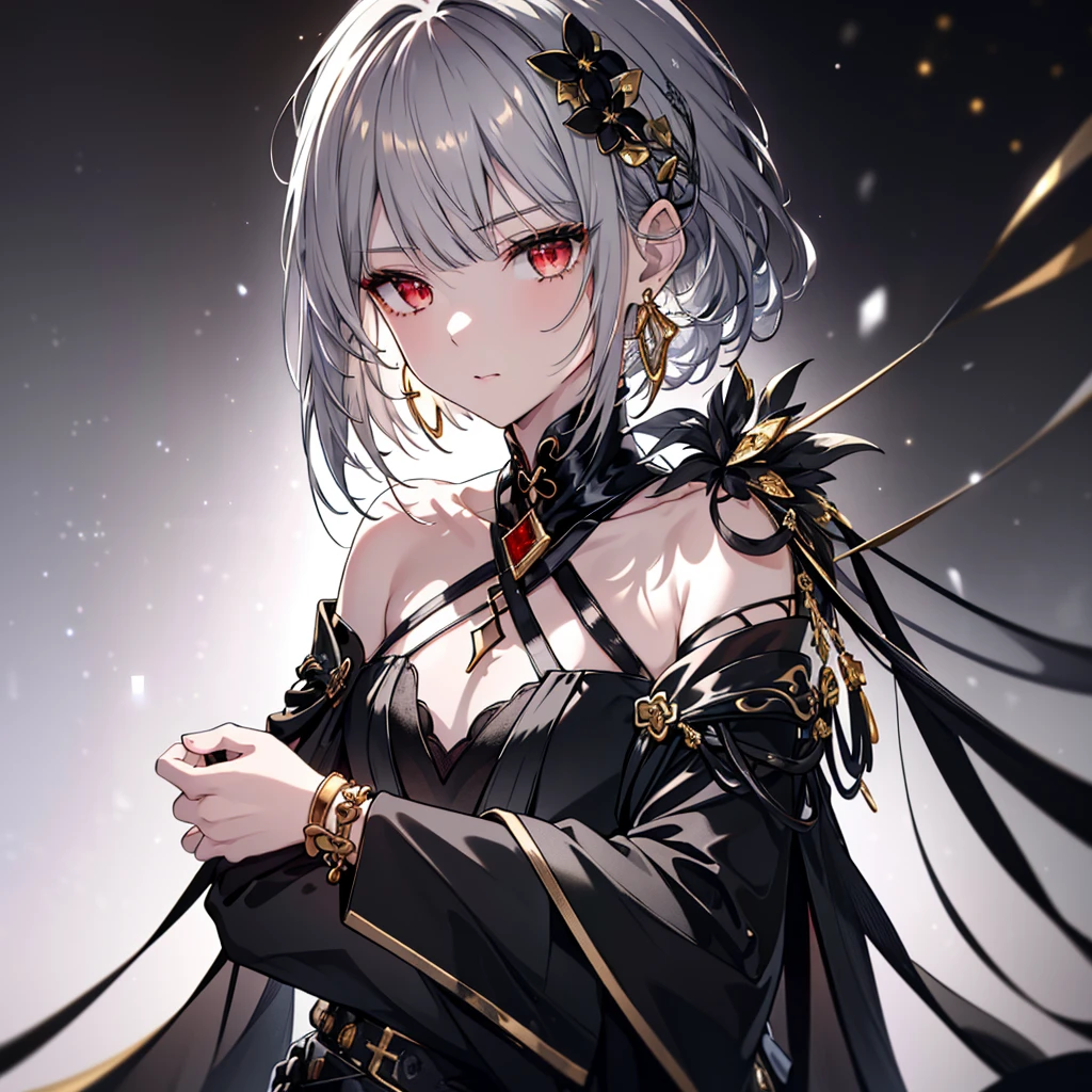 8k,High resolution RAW color art,Anime Art,Silver Marble Skin, (((Very detailed and cool))), Detailed skin, Bokeh、texture,(Exquisitely crafted, The finer details, Ultra-detailed art), (((1 girl))), Depth of written boundary, Silky Touch, Hyper Detail, (((Cool face))), eye shadow、Armed women, Beautiful detailed red eyes, Beautiful lip detail, Highly detailed face, Delicate depiction of hair and eyes, Detailed Fashion, Golden Earrings,Full body depiction, Black half top、(((Shoulder Bare)))、Black shorts、Waist Cloak、black tights、Golden decoration, Grey Hair, Golden bracelet, Straight Hair、Short Hair、(((Hair)))、Simple Background、(((Black theme)))、snow、Side view、Crouch、look up、cloth、cool