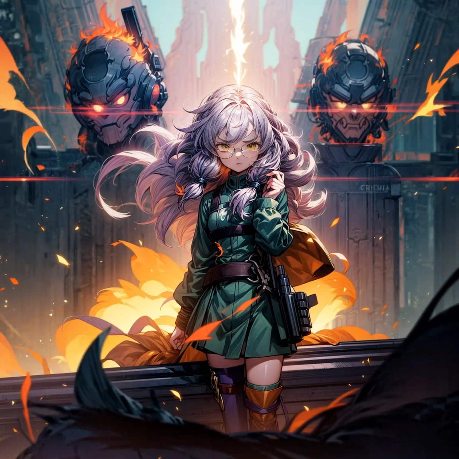 1tall girl, 1character, gold eyes, long Curly haircut, lavender color hair, army style clothing, white glasses, Long socks, boots army, Grassroots, background in top of the building, motion blur, (dragon ball style art), Big robot gun in hand, smoke effect, aura effect, Fire, lighting fire, plasma effect, fire city, (half body view version, angry , standing gesture)