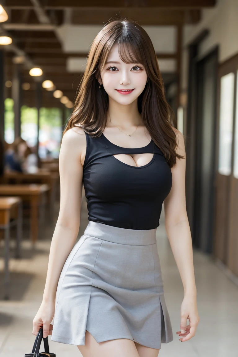 School Corridor, Highest quality, shape, Very detailed, In detail, High resolution, 8k wallpaper, Perfect dynamic composition, Beautiful details, Natural Lip, Tight skirt, Big Breasts, Cleavage, She is smiling in a cute pose.., A masterpiece of the whole body, Side Short