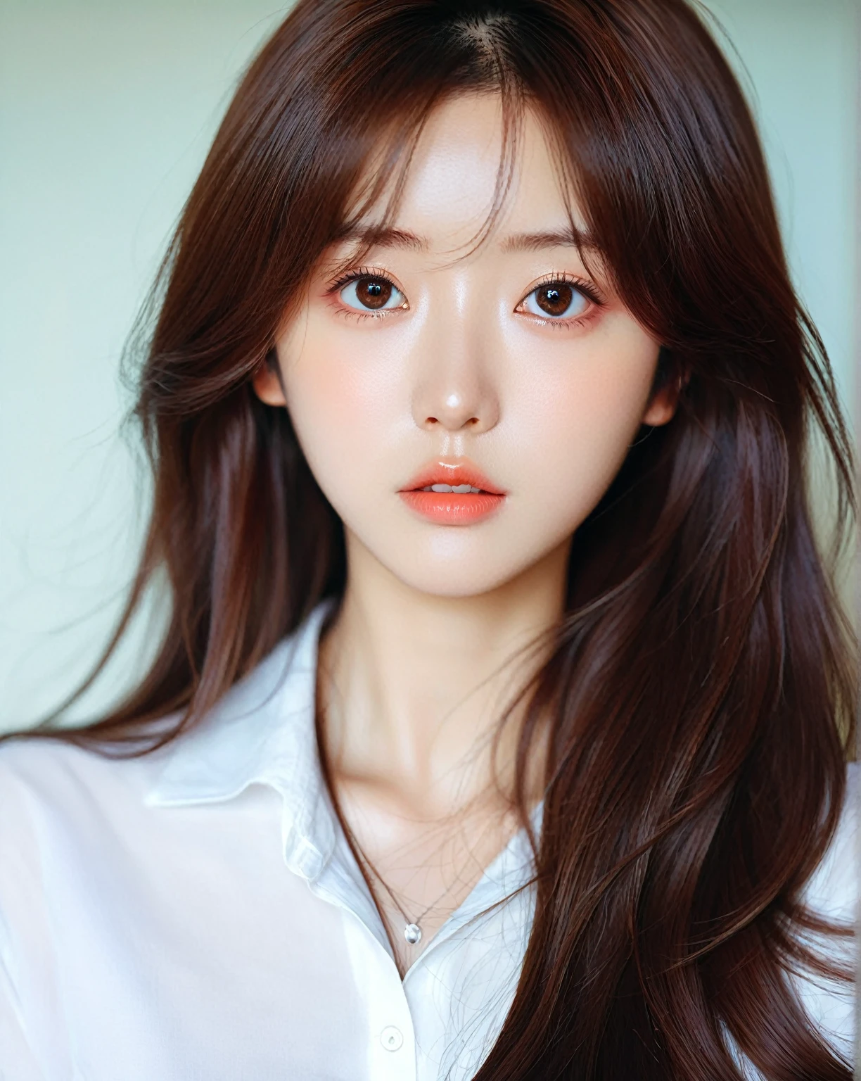 a close up of a woman with long hair wearing a white shirt, ulzzang, 🤤 girl portrait, korean girl, Kawaii realistic portrait, ilya kuvshinov with long hair, coral brown hair, Big eyes and long flowing hair, brown hair and big eyes, loose brown hair, with long hair and piercing eyes, with long hair, King&#39;s wool