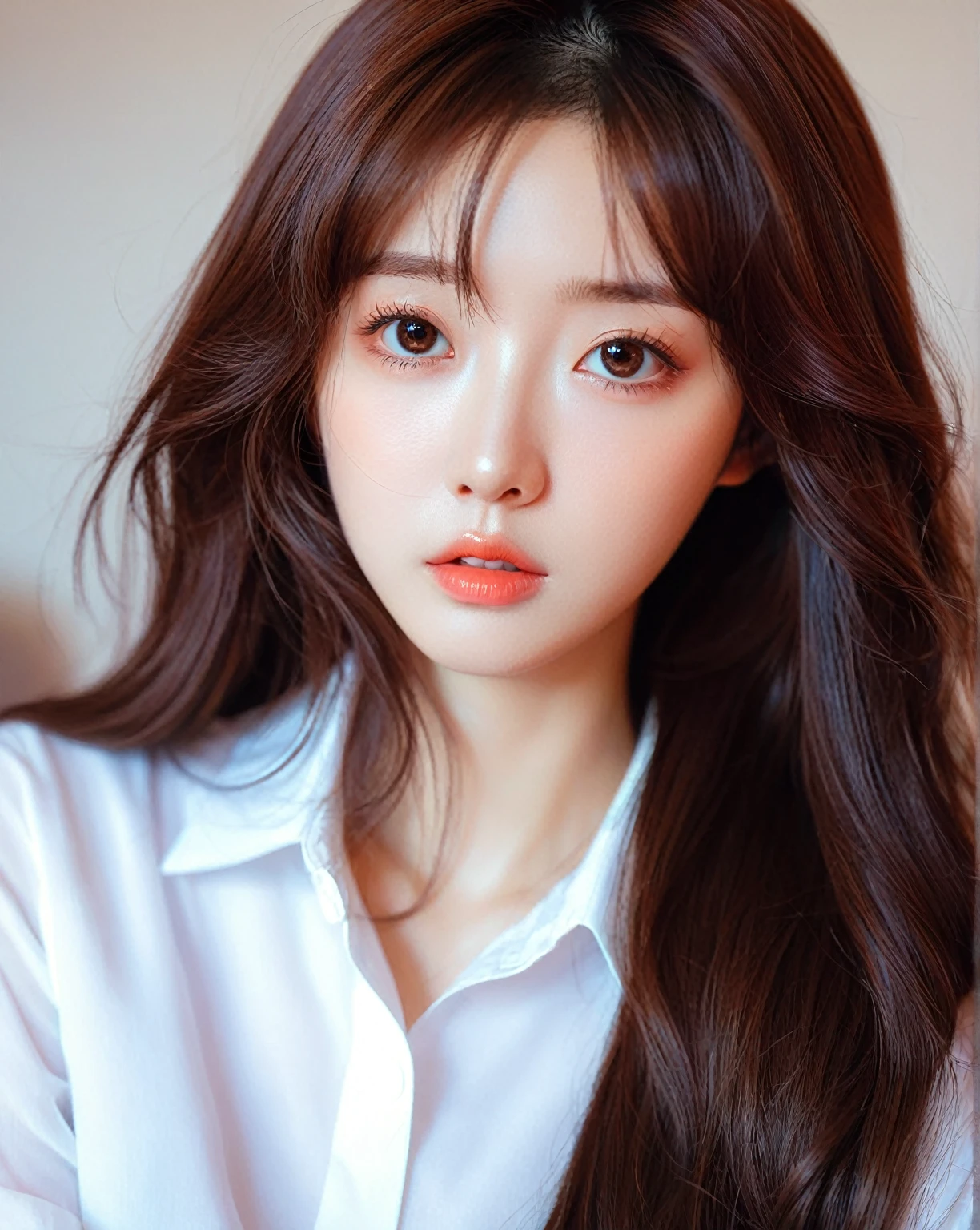 a close up of a woman with long hair wearing a white shirt, ulzzang, 🤤 girl portrait, korean girl, Kawaii realistic portrait, ilya kuvshinov with long hair, coral brown hair, Big eyes and long flowing hair, brown hair and big eyes, loose brown hair, with long hair and piercing eyes, with long hair, King&#39;s wool