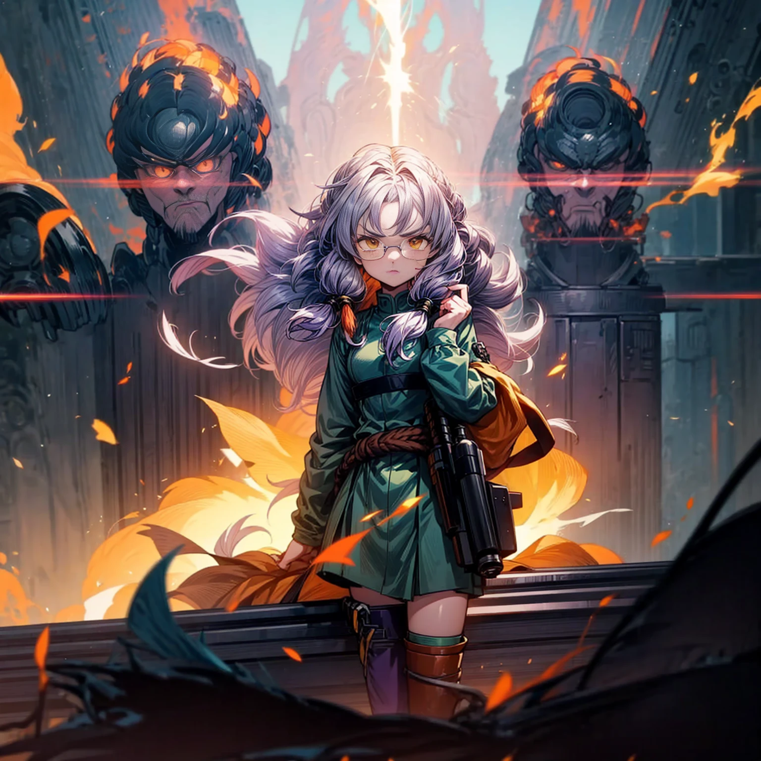 1tall girl, 1character, gold eyes, long Curly haircut, lavender color hair, army style clothing, white glasses, Long socks, boots army, Grassroots, background in top of the building, motion blur, (dragon ball style art), Big robot gun in hand, smoke effect, aura effect, Fire, lighting fire, plasma effect, fire city, (half body view version, angry , standing gesture)