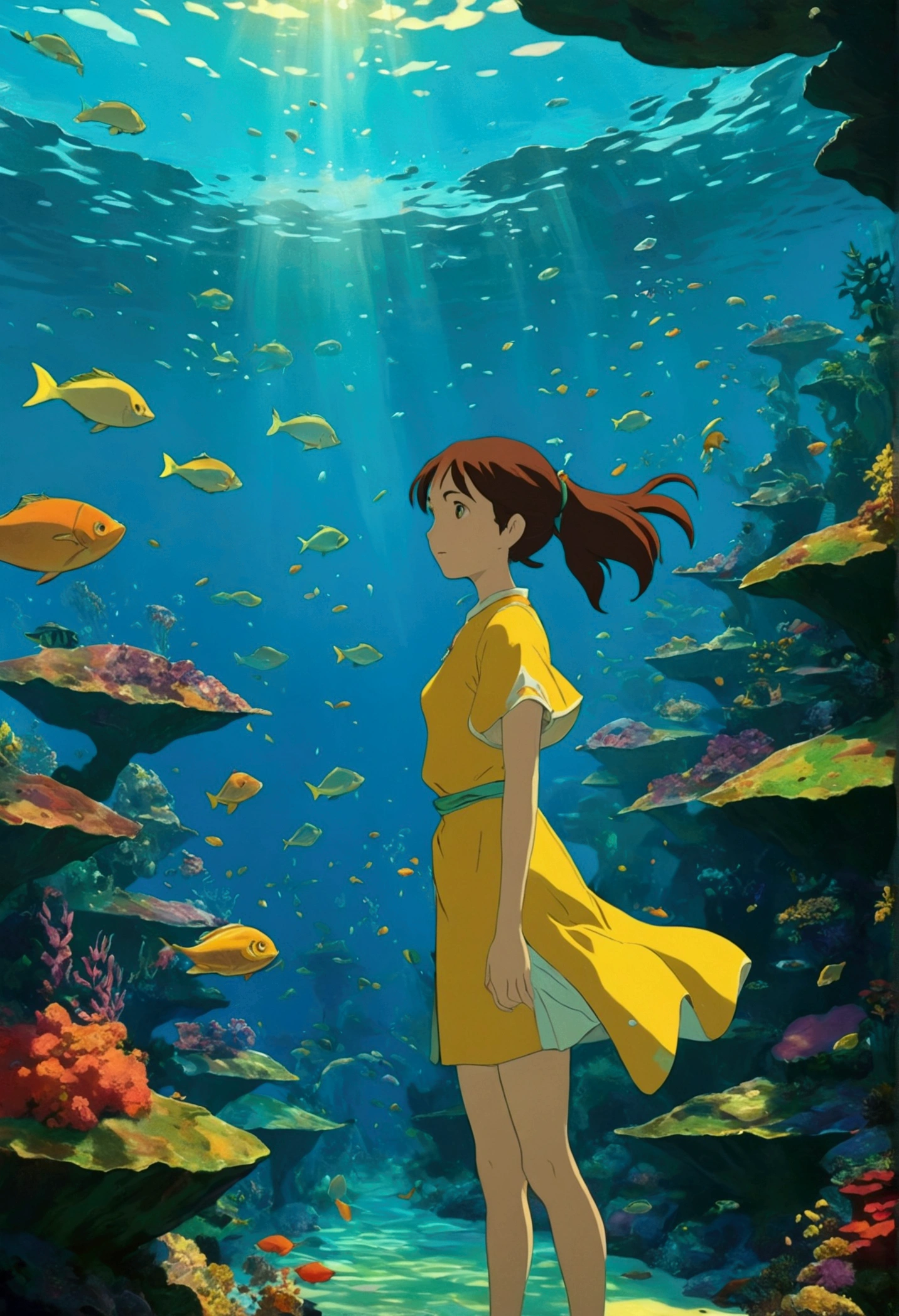 Ghibli Quiet underwater landscape style, Colorful animated stills, Aquamarine, Paul Gauguin, Amber Style, Honest portrayal