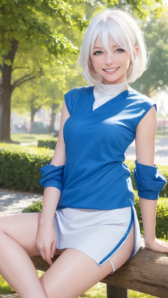 best quality, photorealistic, 8k, high res, full color, 1girl, woman, 20 years old woman, blue eyes (lovely smile, beautiful smile, smiling:1.73), (skindentation), (portrait:0.6), trees, park bench, daylight, ((park background:1.52)), full color, ((sleevelessblueshirt:1.58)), looking at viewer:1.8, (1girl eyes looking at viewer:1.55), (medium hair, white hair, partedhair:1.45), (bokeh), 