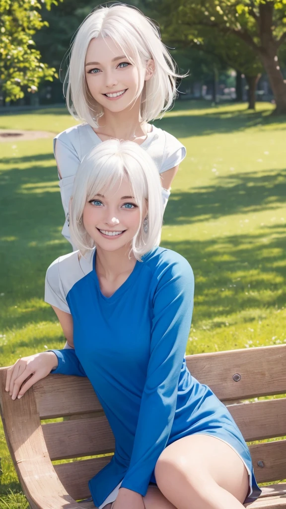 best quality, photorealistic, 8k, high res, full color, 1girl, woman, 20 years old woman, blue eyes (lovely smile, beautiful smile, smiling:1.73), (skindentation), (portrait:0.6), trees, park bench, daylight, ((park background:1.52)), full color, ((sleevelessblueshirt:1.58)), looking at viewer:1.8, (1girl eyes looking at viewer:1.55), (medium hair, white hair, partedhair:1.45), (bokeh), 