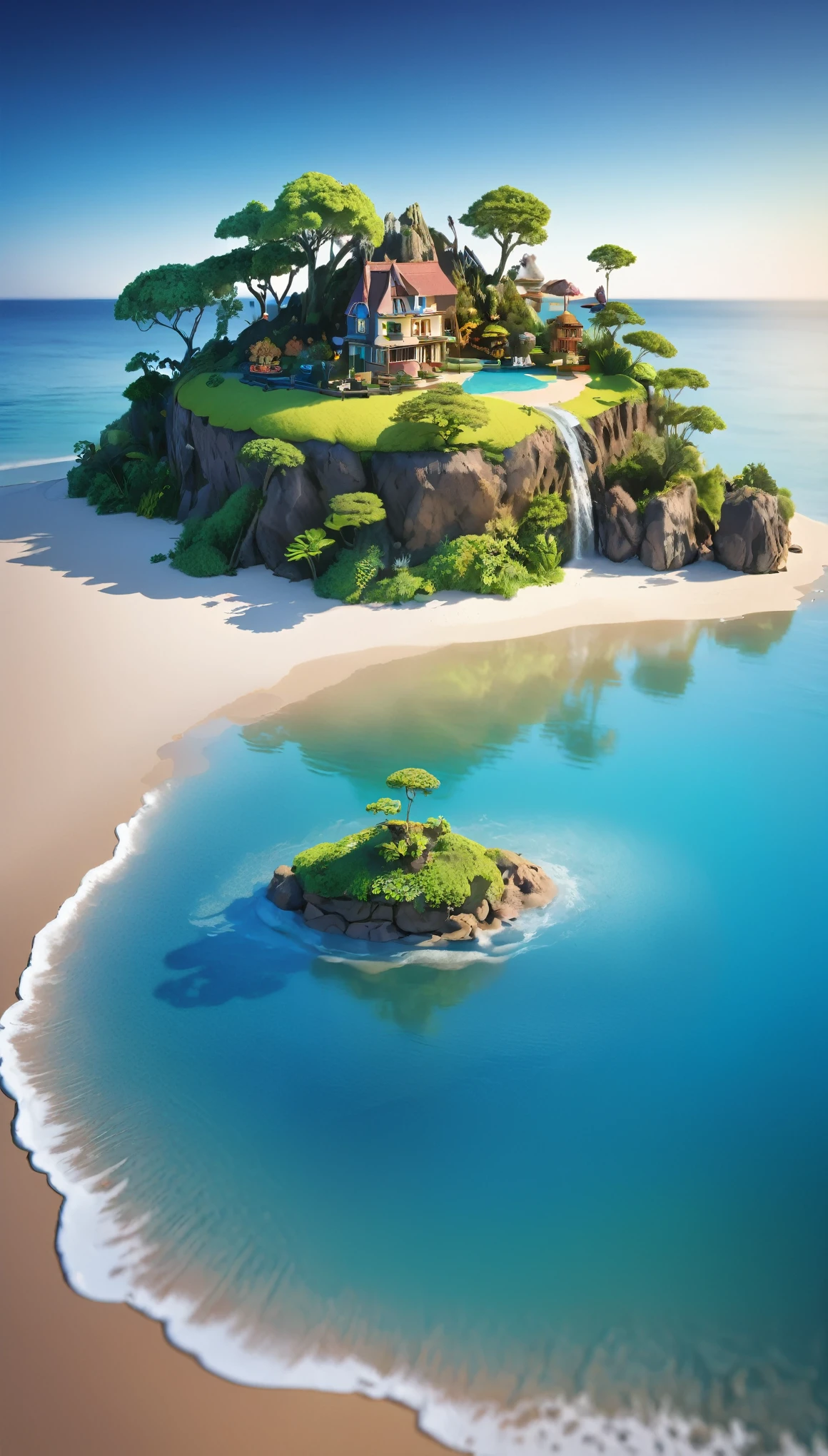 ((Mysterious Island:1.2)), small world, isolated, Distorted world, Sandy beach and island in a miniature garden, (((Unnatural Nature))), Abundant natural energy, colorful reflections, Light and shadow with attention to detail, refraction，Background Blur, Art Pop, High resolution, High resolution, Attention to detail, masterpiece:1.2,