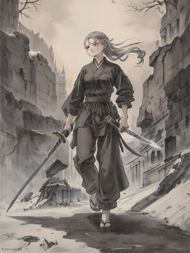 Masterpiece, Highest quality((must)), Low Contrast((must))A Russian girl in her early 20s with ash grey hair, Head to toe full body, Fully equipped with the latest jet black protectors, In the ruins, holding a beautifully decorated long sword., The face is dense((must))