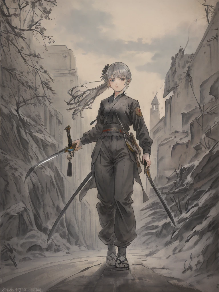 Masterpiece, Highest quality((must)), Low Contrast((must))A Russian girl in her early 20s with ash grey hair, Head to toe full body, Fully equipped with the latest jet black protectors, In the ruins, holding a beautifully decorated long sword., The face is dense((must))