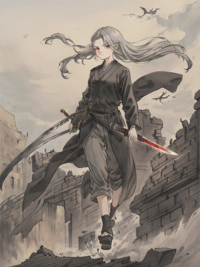 Masterpiece, Highest quality((must)), Low Contrast((must))A Russian girl in her early 20s with ash grey hair, Head to toe full body, Fully equipped with the latest jet black protectors, In the ruins, holding a beautifully decorated long sword., The face is dense((must))