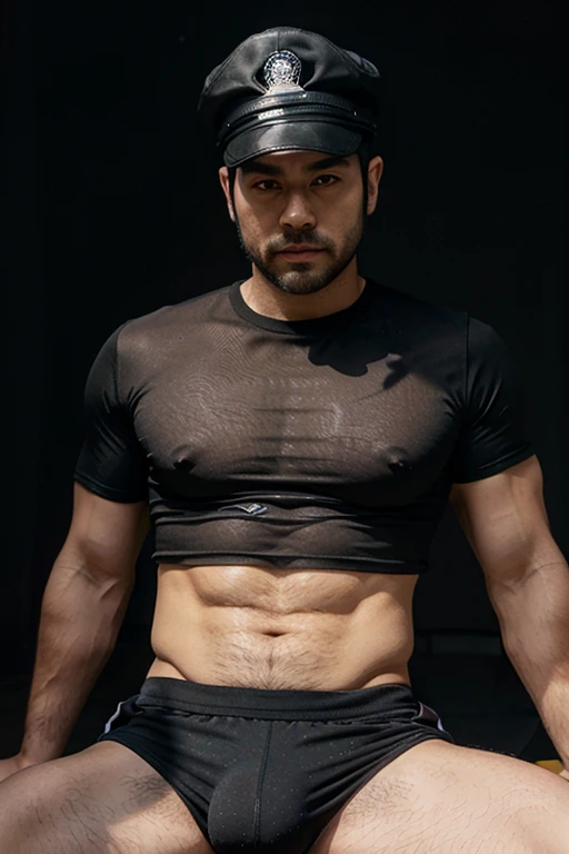 Japanese bulky male, black see-through T-shirt, police cap, a short beard, lust face, big chest, park sharp eyes, legs spread wide open, big bulge, bulge, Full Frame, Professional Lighting, dark jall background