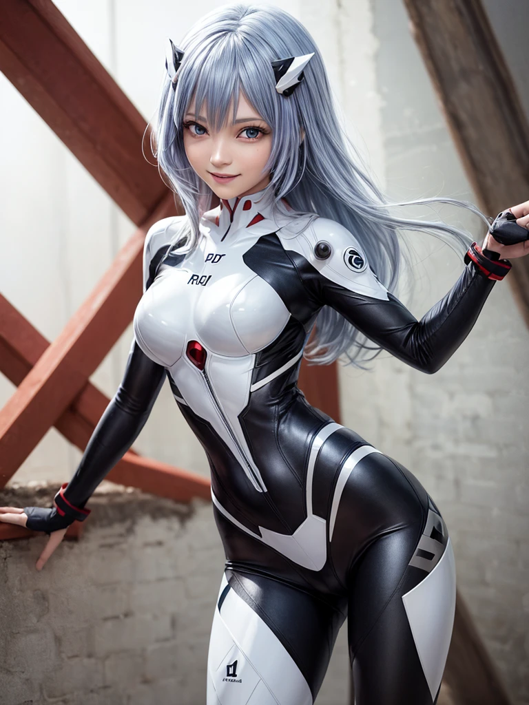 Masterpiece, highest quality, 8K, detailed skin texture, fine cloth texture, beautiful detailed face, intricate details, super detailed, portrait of Rei Ayanami, blue hair, red eyes, looking far away, no background, Evangelion Wearing a plug suit when riding, plug suit, whole body visible, standing, arms crossed, 15 years old, beautiful, cute, great style, smiling,composition that shows the whole body,