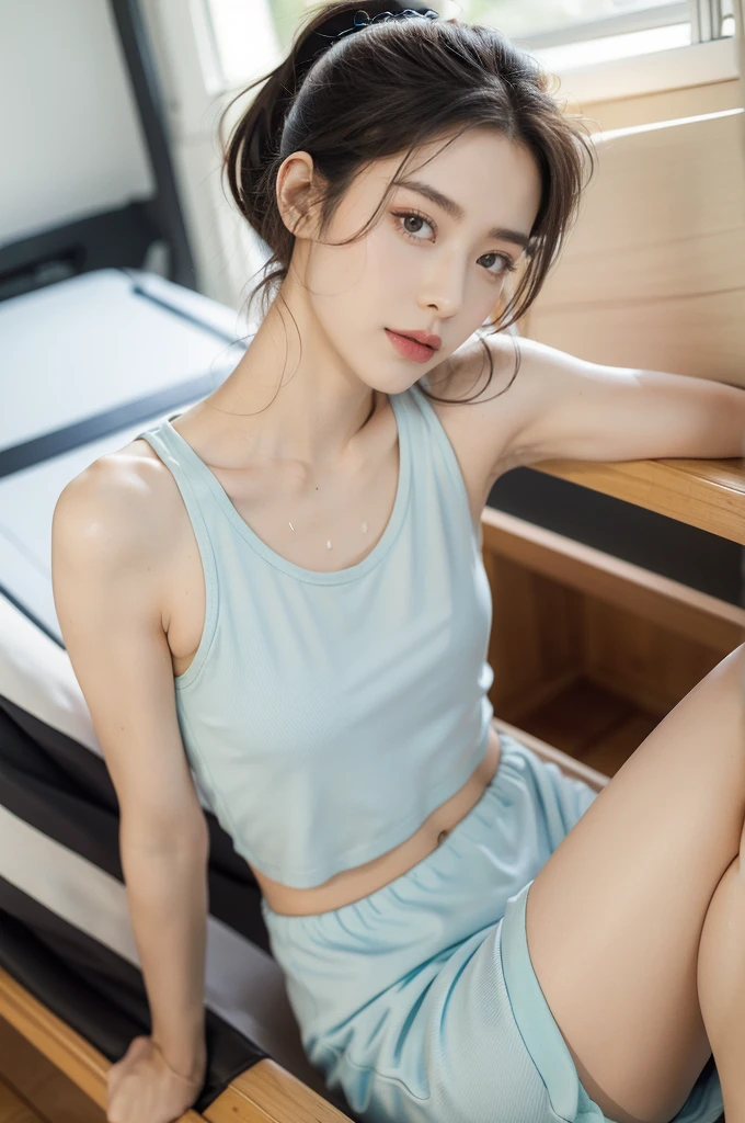 (((best quality))),(((ultra detailed))),(((masterpiece))),illustration,(1 beautiful girl,solo),((slim,thin)),((small breasts,flat chest)),(blush:1.5),summer afternoon,living room,sanctuary of tranquility,fitness,grace,(short ponytail:1.2),effortless elegance,((light blue yoga tank top,matching shorts)),youthful radiance,enchanting,inspiring,(sitting on treadmill:1.3),body drenched in perspiration,(sweat:1.5),dedication,inner strength,determination,composed,focused,eyes,lush potted plant,greenery,life,vitality,soft sunlight,warm patches of light,fragrant cookies,cozy ambiance,attire,functional,fashionable,comfort,flexibility,slender figure,curves,lightweight material,unrestricted movement,grip,treadmill's belt,propel,forward,serene expression,slight smile,lips,focused on horizon,visualizing goals,dreams,radiant beauty, comfortable clothing,determined spirit,captivating,inspiring image,essence of summertime fitness,self-care,((from front,upper body))
