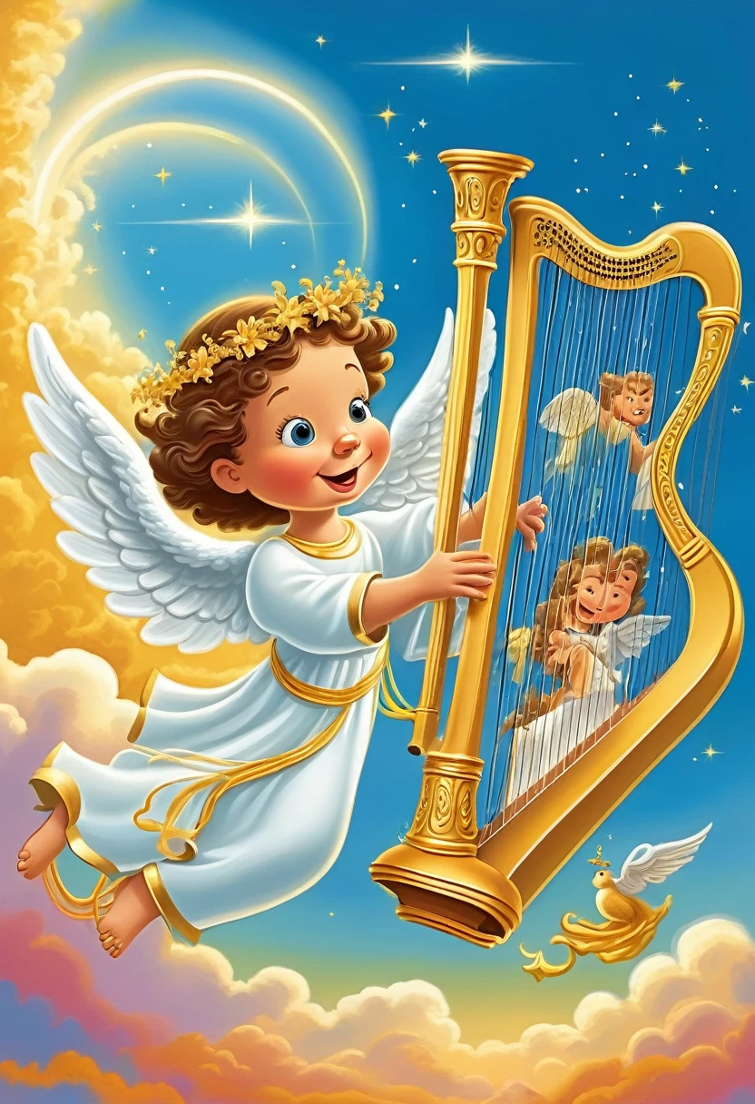 cartoon of an angel flying in the sky while playing the harp