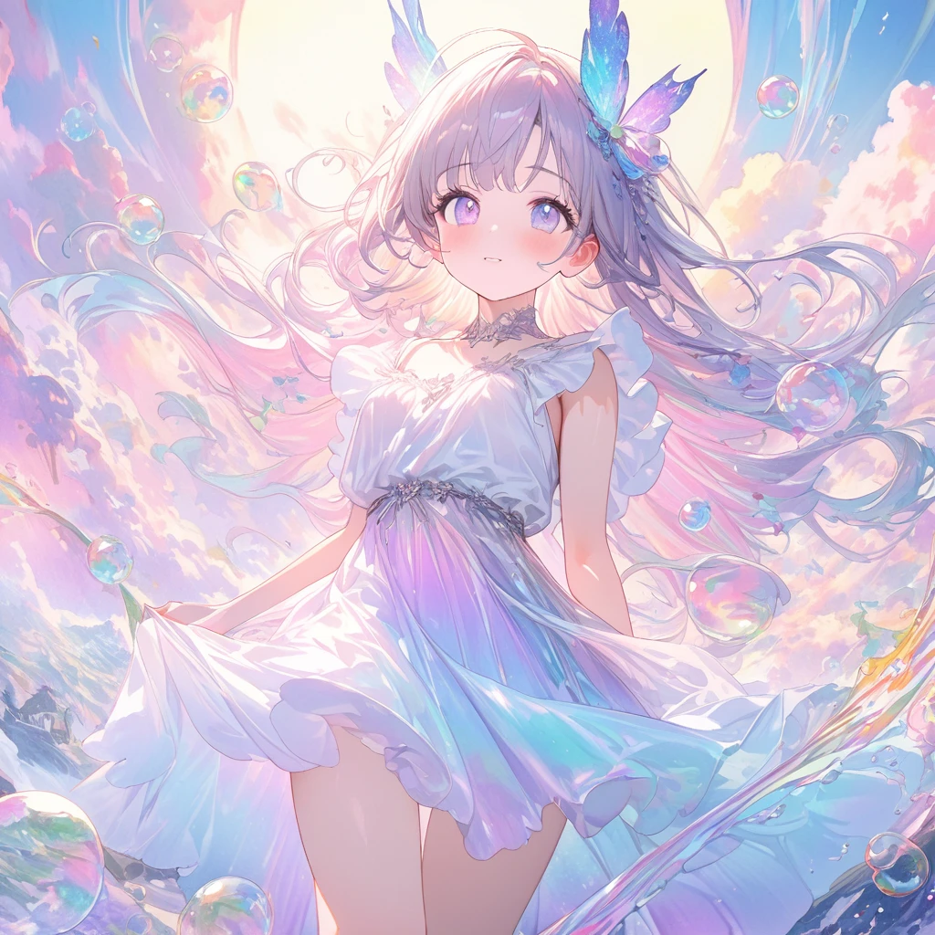 best quality, super fine, 16k, incredibly absurdres, extremely detailed, 2.5D, beautiful goddess, fairies and children walking on a carpet of iridescent soap bubbles, pastel-colored clouds, sunshine, pop art, delicate and dynamic effects that combine the tastes of oil painting and watercolor painting, iridescent fantasy