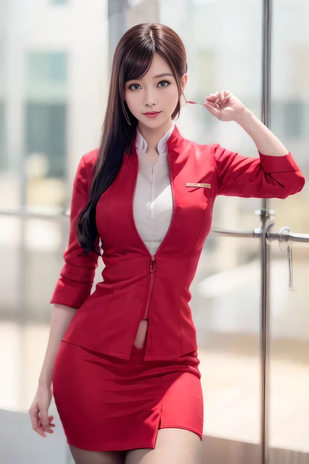 (masterpiece:1.2, Highest quality:1.2), 32k HDR, High resolution, (alone, 1 Girl), (AirAsia stewardess uniform realistic style), A proper woman, Beautiful Face, Brown Hair, (Long hair down to the legs), (Red jacket:1.1, Unzipped jacket, Unbuttoned white shirt:1.05, Red mini skirt:1.1, pantyhose),(Showing big through cleavage in unbuttoned white shirt)、(long hair that reaches down to the legs)、Perfect slim body:1.1, Huge breasts, huge breasts cleavage, Detailed skin texture, Beautiful Eyes, (Attractive look:1.2), necklace、Earrings、(forward leaning posture:1.5), On the roof of a building, Rooftop at daytime,Blue eyes、Hands should be lowered