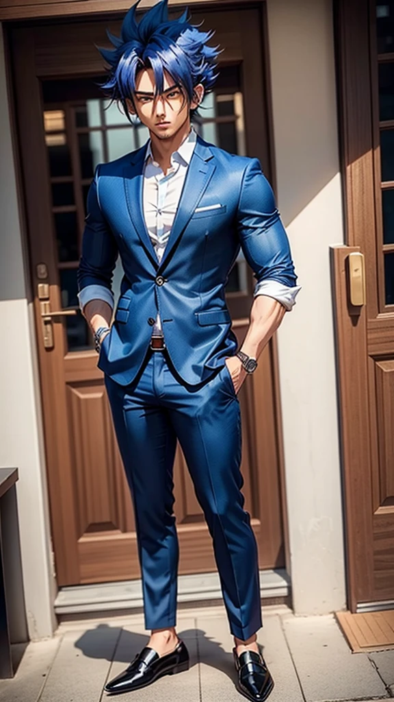 Hair like goku colour of the hair blue stylish suit round shape eyes with brown handsome face styles pant bata company shoes