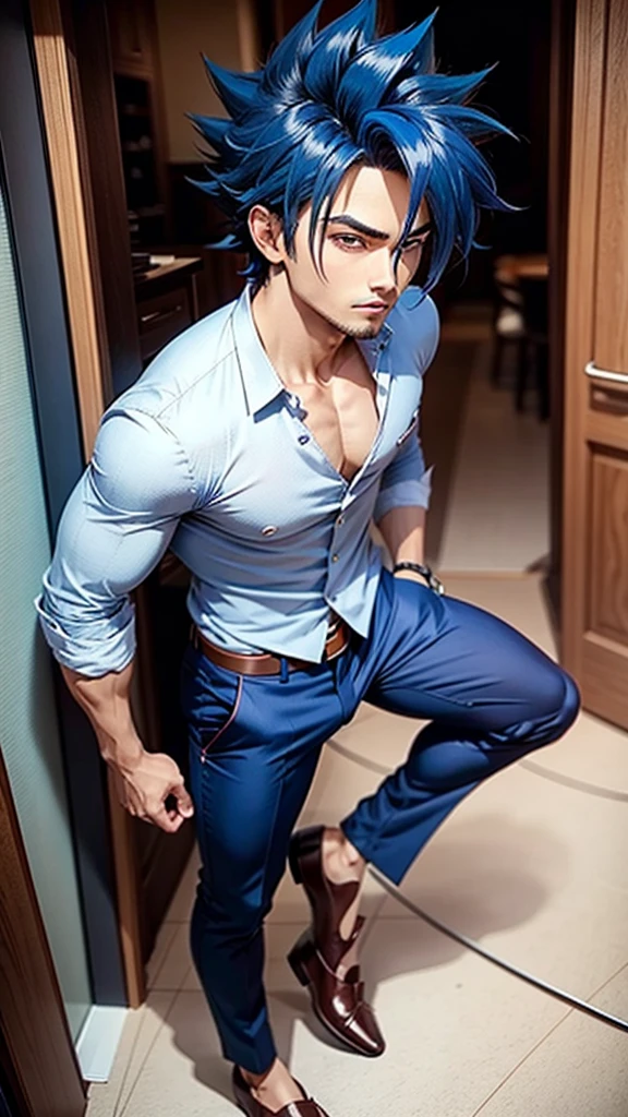 Hair like goku colour of the hair blue stylish suit round shape eyes with brown handsome face styles pant bata company shoes 