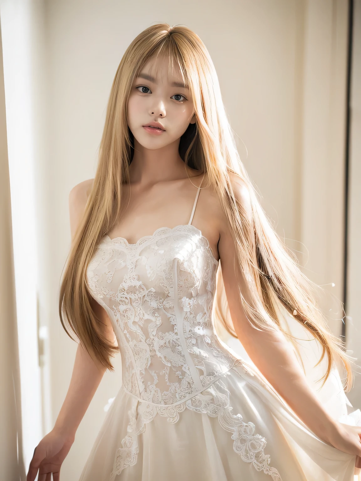 (Very large pure white angel wings of an archangel Wedding dress standing in front of a curtain, soft elegant gown, wearing a Wedding dress, dressed beautiful gown, Wedding dress, wearing organza gown, gown, Tulle and lace, white regal gown, With natural light as a background, beautiful Wedding dress, white gown, Elegant and graceful, beautiful gown, beautiful and elegant, intricate gown, romantic gown Wedding dress standing in front of a curtain, a portrait by Eizan Kikukawa, Pinterest, Baroque, soft elegant gown, wearing a Wedding dress, dressed beautiful gown, Wedding dress, wearing organza gown, gown, Tulle and lace, white regal gown, With natural light as a background, beautiful Wedding dress, white gown) ((Full Shot:1.2)) ((highest quality)), ((masterpiece)), (Get used to it), Perfect Face (1 girl) (French) (She is 18 years old、The cutest and most beautiful fantasy girls from France) ((highest quality)), ((masterpiece)), length blonde hair length, Shiny golden hair,Golden Silky Hair, Straight blonde hair, length blonde straight hair, Perfect Silky Straight Hair, Straight blonde hair, length blonde hair, Her hair is long and straight, detailed length blonde hair Super Long Hair down to the ankles ((Neat bangs The neatly trimmed bangs are princess cut and cover the entire forehead..)) (Big Tits 1.4) bright crimson lips good, Anatomically correct hand Thin fingers Anatomically correct five fingers Sexy professional makeup Beautiful French girl face, French facial features, Long Hair shiny Long Hair, length, Shiny golden hair, length, Straight Golden Hair, Her hair is long and straight, Super Long Hair girl, Silky Hair, length blonde hair, Silky Hair, length, Flat Hair, Silky texture, Long Hair, length, flowing blonde hair, thin and shiny hair Anatomically correct、White beautiful human skin and detail of hands and fingers Beautiful Eyes Mouth Details the corners of the mouth rise slightly Cool look (The eyebrows are dark brown in color) (She looks at the viewer and gives a sweet smile.) (The location of the photo is a starry sky, a ladder, and a flock of birds.., Matte paintings inspired by Johan Jongkind, Shutterstock, magical realism, Entrance to the spirit world, Magic portal in the sky, In the astral world ) ) ), Esoteric equation heaven, Dreamscape Painting, stairway to heaven, magical dreamy atmosphere, Entrance to the spirit world