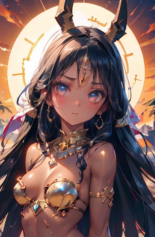 ((Frank Frazetta)), Beautiful full-bodied black woman, gorgeous eyes、 egyptian woman, Egyptian adornments, muscled body e perfeito,(maximum quality、8k、32 mil、Masterpiece artwork、nffsw:1.3)、超High resolution,(Photorealistic:1.4),, long black hair with heavy bangs on the forehead,,,sun glints,depth of fields,Backlight effects add depth to the screen、muscled body, red veil, dark skin shiny with oil and sweat, Anubis warrior in small clothes, good golden, Egyptian tattoo,, breasts big, generous neckline, , A desert, pyramids in the background