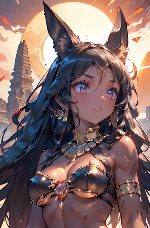 ((Frank Frazetta)), Beautiful full-bodied black woman, gorgeous eyes、 egyptian woman, Egyptian adornments, muscled body e perfeito,(maximum quality、8k、32 mil、Masterpiece artwork、nffsw:1.3)、超High resolution,(Photorealistic:1.4),, long black hair with heavy bangs on the forehead,,,sun glints,depth of fields,Backlight effects add depth to the screen、muscled body, red veil, dark skin shiny with oil and sweat,  warrior in small clothes, good golden, Egyptian tattoo,,  big, generous neckline, , A desert, pyramids in the background