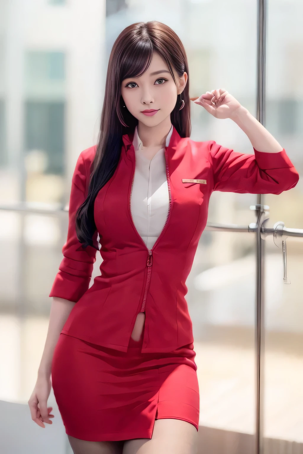 (masterpiece:1.2, Highest quality:1.2), 32k HDR, High resolution, (alone, 1 Girl), (AirAsia stewardess uniform realistic style), A proper woman, Beautiful Face, Brown Hair, (Long hair down to the legs), (Red jacket:1.1, Unzipped jacket, Unbuttoned white shirt:1.05, Red mini skirt:1.1, pantyhose),(Showing big through cleavage in unbuttoned white shirt)、(long hair that reaches down to the legs)、Perfect slim body:1.1, Huge breasts, huge breasts cleavage, Detailed skin texture, Beautiful Eyes, (Attractive look:1.2), necklace、Earrings、(forward leaning posture:1.5), On the roof of a building, Rooftop at daytime,Blue eyes、Hands should be lowered