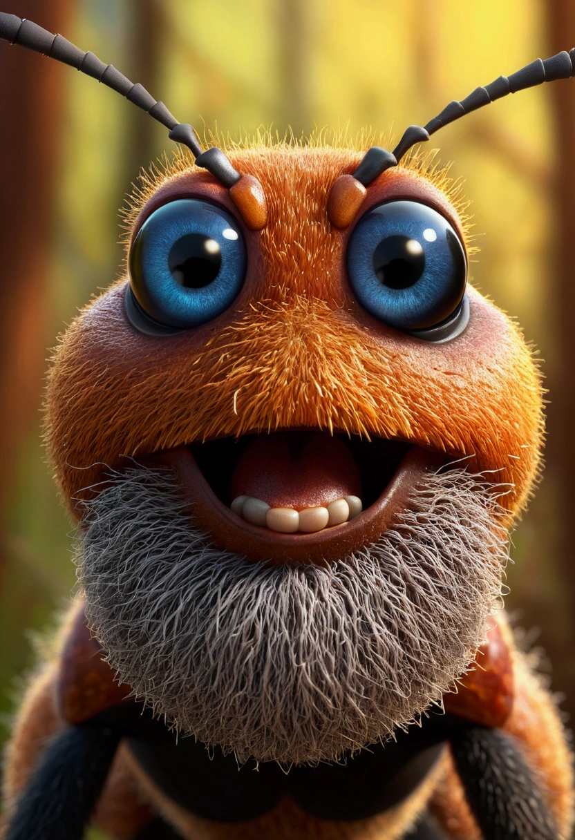 ant with a big lumberjack beard, 3d, 8k, highy detailed, digitalpainting, , illustration, artistry, 3D style Pixar animation, eyes large, friendly, golden brown ant