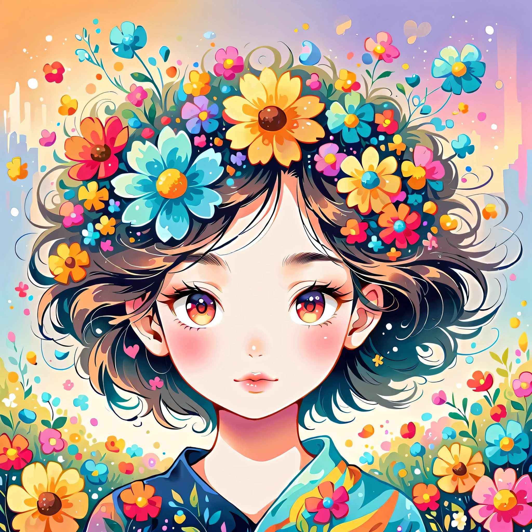 Yomu style, The most beautiful girl of all time,Lips in Love, colorful flowers, Simple Line Initialism,Abstract art,Urban Background