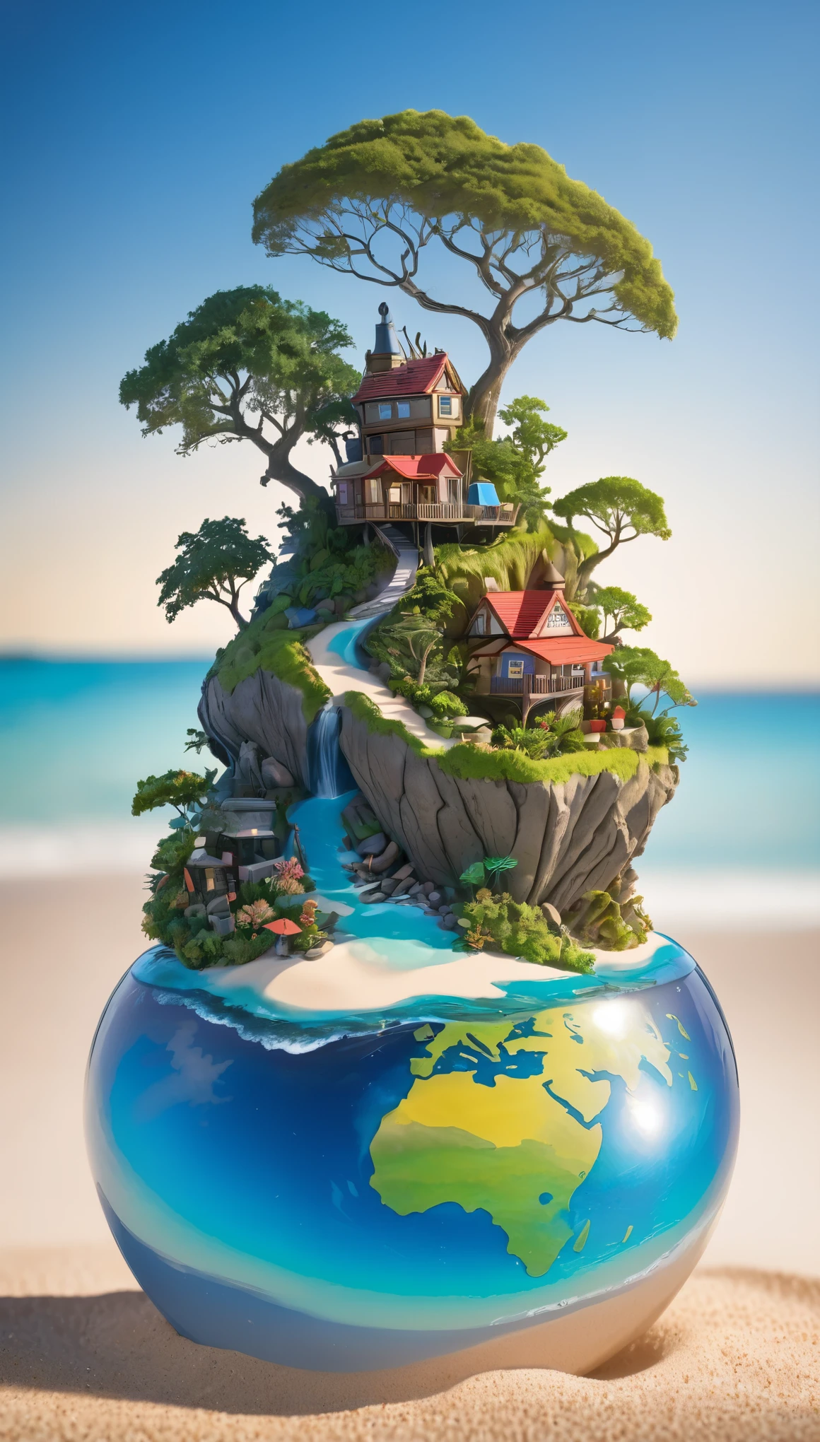 ((Mysterious Island:1.2)), small world, isolated, Distorted world, Sandy beach and island in a miniature garden, (((Unnatural Nature))), Abundant natural energy, colorful reflections, Light and shadow with attention to detail, refraction，Background Blur, Art Pop, High resolution, High resolution, Attention to detail, masterpiece:1.2,