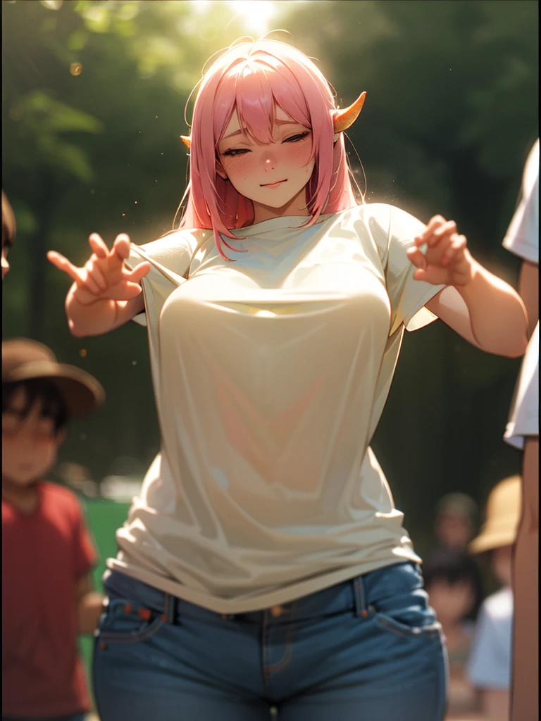 (Sumilux f1.4 50mm , low Latitude old color negative film , cross process , bokeh, flare, chromatic aberration , soft focus, (Shallow focus) , soft glow , Maximum aperture, High Key , Transparent depiction) , clothed erotica , Satyr woman, butter face, juicy melons , sloppy T-shirt , Jeans , Pie Slash