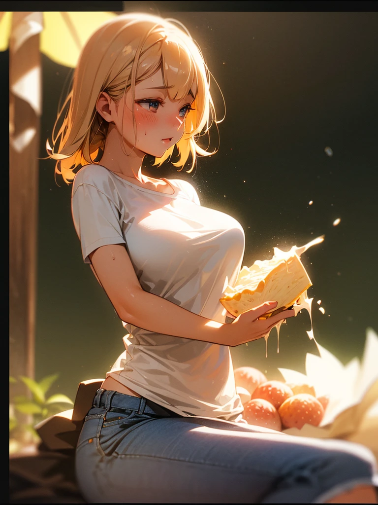 (Sumilux f1.4 50mm , low Latitude old color negative film , cross process , bokeh, flare, chromatic aberration , soft focus, (Shallow focus) , soft glow , Maximum aperture, High Key , Transparent depiction) , clothed erotica , Satyr woman, butter face, juicy melons , sloppy T-shirt , Jeans , Pie Slash