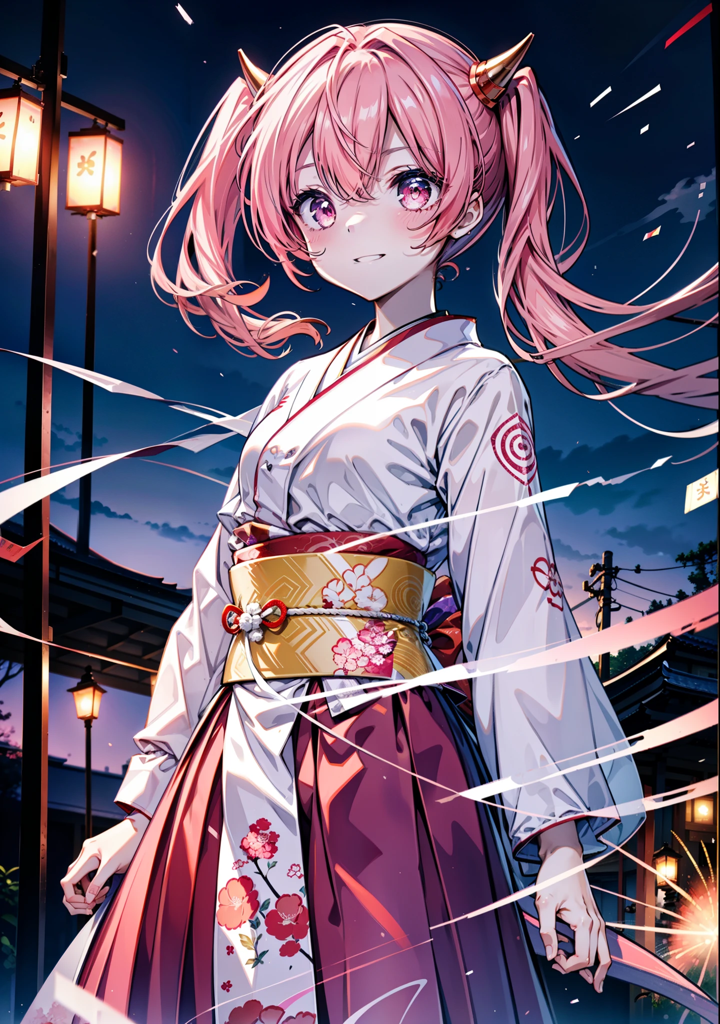 Aria h kanzaki,horn,Pink Hair,Long Hair,low Twin tails,小さいhorn,Red eyes,happy smile, smile, Open your mouth,pink kimono,Thick sleeves,Long skirt,日本のfestival,夏festivalの屋台,Red Lantern,night,night空のfirework,firework,場所はfirework大会,時間はnightです,sunny day,turn around,as if,walk, break looking at viewer, Upper Body, (Cowboy Shot:1. 5),
break outdoors, festival,shrine,
break (masterpiece:1.2), Highest quality, High resolution, unity 8k wallpaper, (shape:0.8), (Beautiful attention to detail:1.6), Highly detailed face, Perfect lighting, Highly detailed CG, (Perfect hands, Perfect Anatomy),