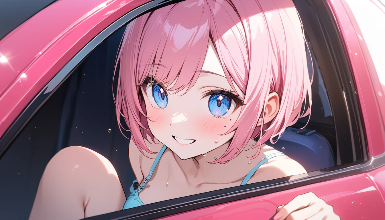 (1 girl),(Best Picture Quality, 8K, Masterpiece:1.3), (high school student:1.5), ((pink lob hair:1.1)), (bob cut),(swept bangs), (cute eyes, pupil black, iris skyblue, youthful face), (mole under right eye), (standard weight), (small breasts), (glistening skin:1.1),(pale skin:1.2),((camisole, hot pants)),(Smile),(sweat),((Ride a pink car)),((from side:1.3)),(full body),