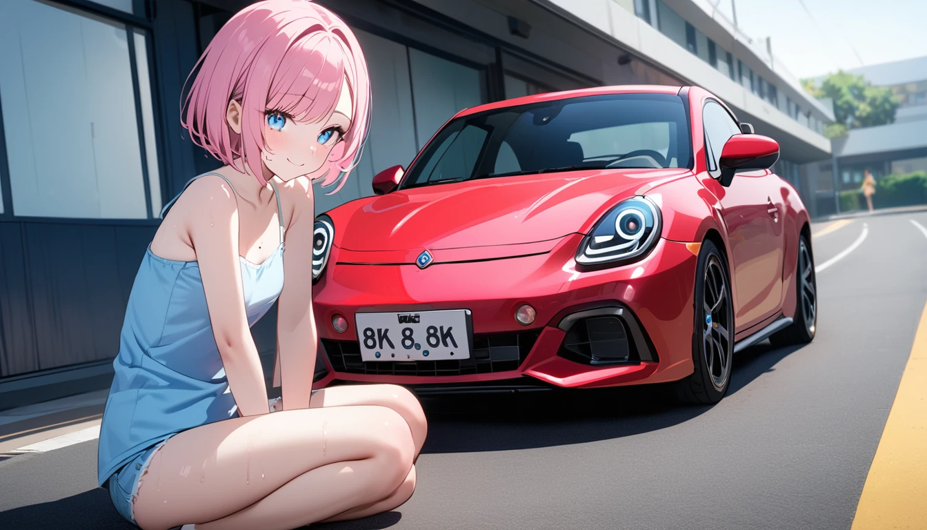 (1 girl),(Best Picture Quality, 8K, Masterpiece:1.3), (high school student:1.5), ((pink lob hair:1.1)), (bob cut),(swept bangs), (cute eyes, pupil black, iris skyblue, youthful face), (mole under right eye), (standard weight), (small breasts), (glistening skin:1.1),(pale skin:1.2),((camisole, hot pants)),(Smile),(sweat),((Ride a pink car)),((from side:1.3)),(full body),