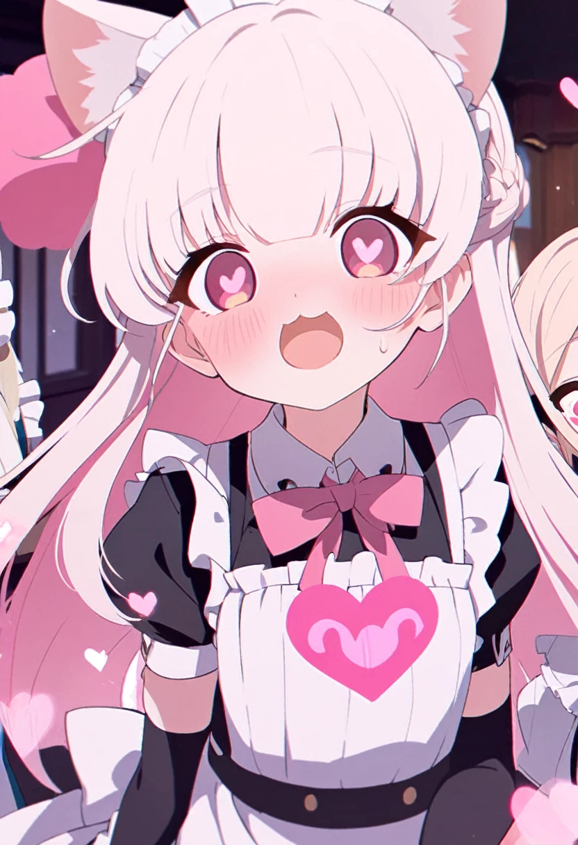 I have white pink hair, cat ears, a bun, my face is super blushing, black glasses, pink heart eyes, a maid's outfit, white stockings, white shoes, a cat's tail, a very shy girl.