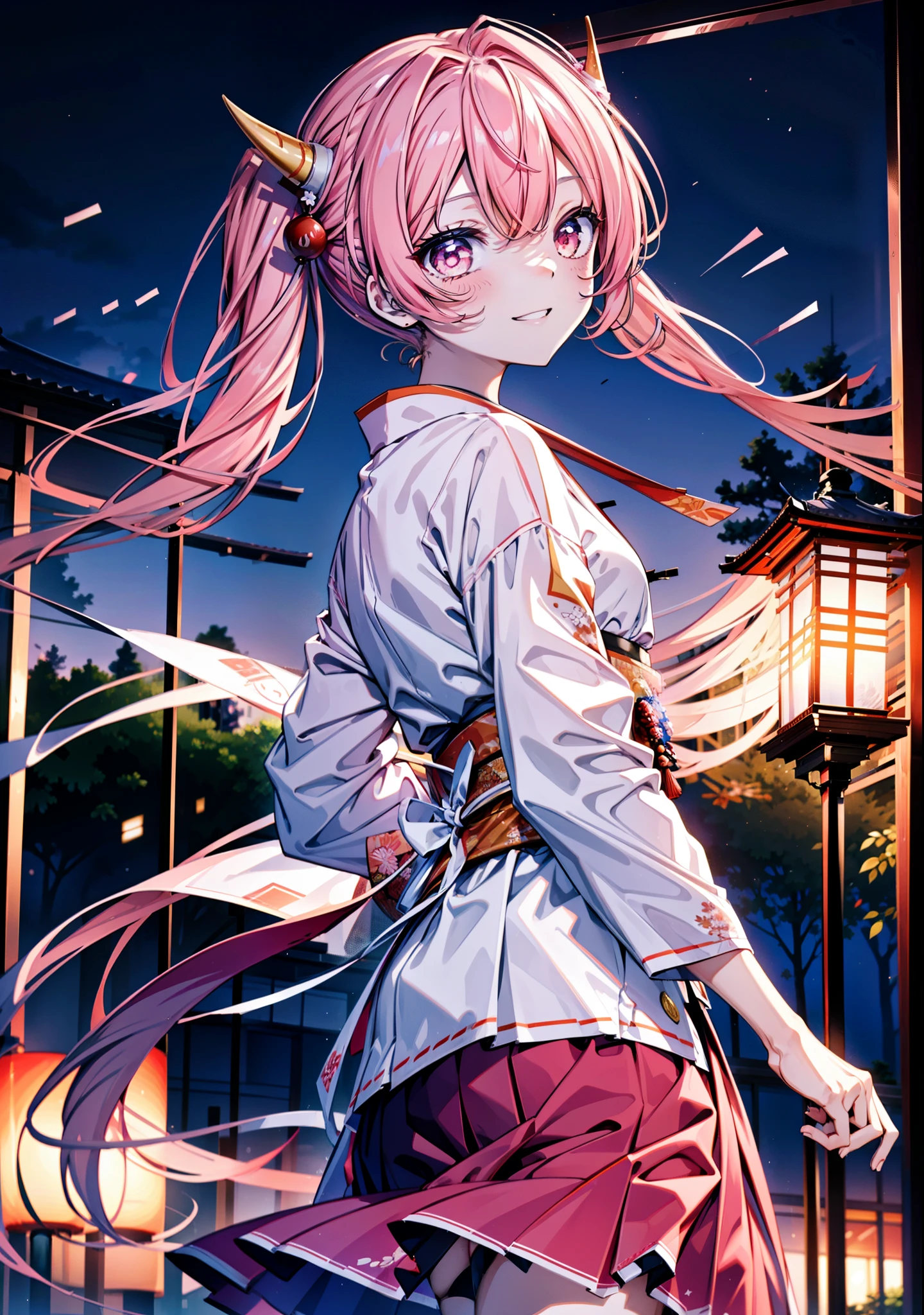 Aria h kanzaki,horn,Pink Hair,Long Hair,low Twin tails,小さいhorn,Red eyes,happy smile, smile, Open your mouth,pink kimono,Thick sleeves,Long skirt,日本のfestival,夏festivalの屋台,Red Lantern,night,night空のfirework,firework,場所はfirework大会,時間はnightです,sunny day,turn around,as if,walk, break looking at viewer, Upper Body, (Cowboy Shot:1. 5),
break outdoors, festival,shrine,
break (masterpiece:1.2), Highest quality, High resolution, unity 8k wallpaper, (shape:0.8), (Beautiful attention to detail:1.6), Highly detailed face, Perfect lighting, Highly detailed CG, (Perfect hands, Perfect Anatomy),