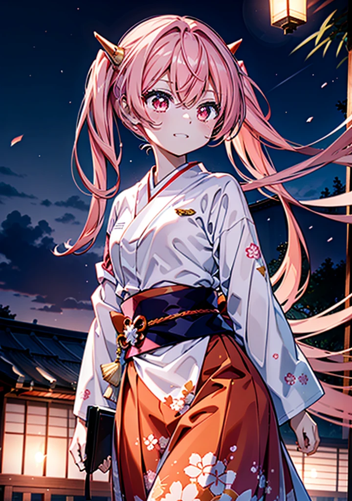 Aria h kanzaki,horn,Pink Hair,Long Hair,low 　Twin tails,小さいhorn,Red eyes,happy smile, smile, Open your mouth,pink kimono,Thick sleeves,Long skirt,日本のfestival,夏festivalの屋台,Red Lantern,night,night空のfirework,firework,場所はfirework大会,時間はnightです,sunny day,turn around,as if,walk,　　　　　　　　　　　　　　　  　　　　　break looking at viewer, Upper Body, (Cowboy Shot:1. 5),  　　　　　
break outdoors, festival,shrine,
break (masterpiece:1.2), Highest quality, High resolution, unity 8k wallpaper, (shape:0.8), (Beautiful attention to detail:1.6), Highly detailed face, Perfect lighting, Highly detailed CG, (Perfect hands, Perfect Anatomy),