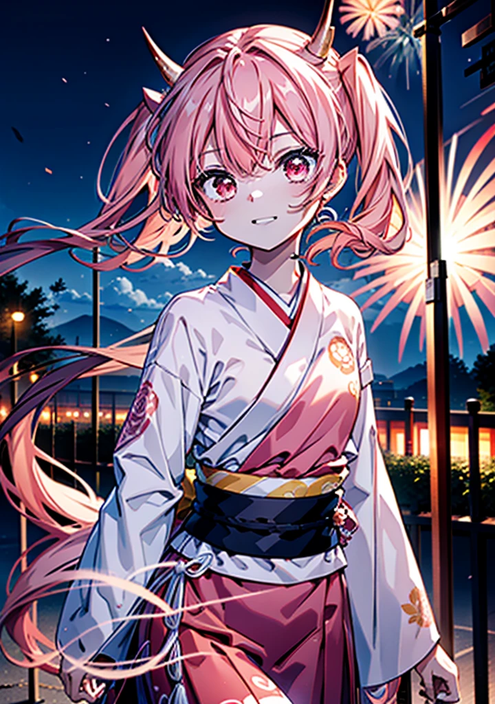Aria h kanzaki,horn,Pink Hair,Long Hair,low 　Twin tails,小さいhorn,Red eyes,happy smile, smile, Open your mouth,pink kimono,Thick sleeves,Long skirt,日本のfestival,夏festivalの屋台,Red Lantern,night,night空のfirework,firework,場所はfirework大会,時間はnightです,sunny day,turn around,as if,walk,　　　　　　　　　　　　　　　  　　　　　break looking at viewer, Upper Body, (Cowboy Shot:1. 5),  　　　　　
break outdoors, festival,shrine,
break (masterpiece:1.2), Highest quality, High resolution, unity 8k wallpaper, (shape:0.8), (Beautiful attention to detail:1.6), Highly detailed face, Perfect lighting, Highly detailed CG, (Perfect hands, Perfect Anatomy),