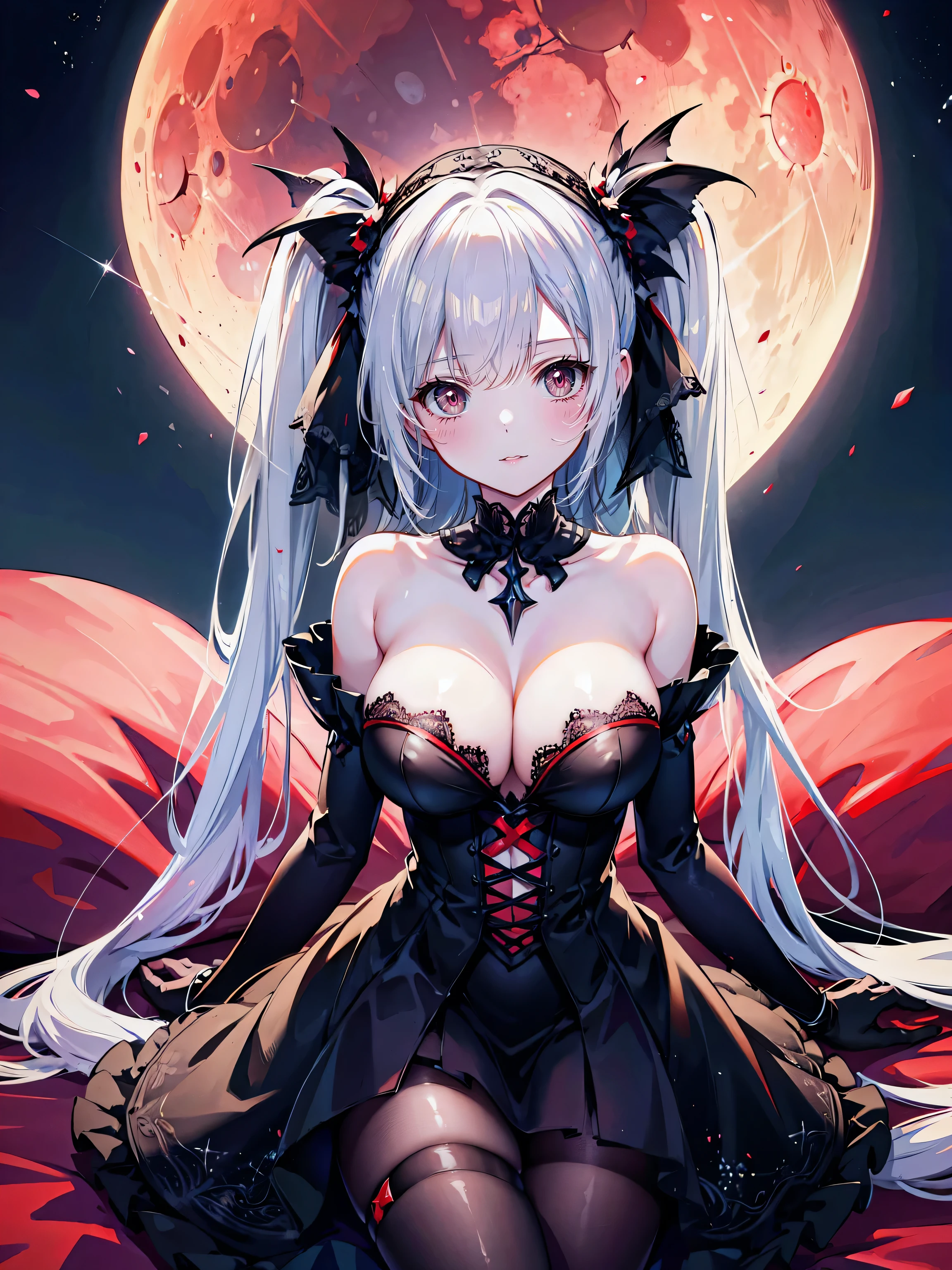 ((ultra detailed, exquisite quality, absolutely resolution)), (anime moe art style:1.3), (((young face solo Vampire girl))), ((Sexy super cute black and red dress), (vampire dress), lace lingerie, braids, silk gloves, glittering veils, beautiful headpieces, (huge breasts), breasts cleavage, (hair silver hair), (((long twintails:1.5))), fluffy Expressive twintails, kawaii face, ((seductive face)), backlighting, particle effect, caustics, super detailed skin, (hyper detail delicate eyes), (eyes red eyes), lying on the bed, full body, blood moon, (moon light:1.2), isometric 3D, octane render, ray tracing,