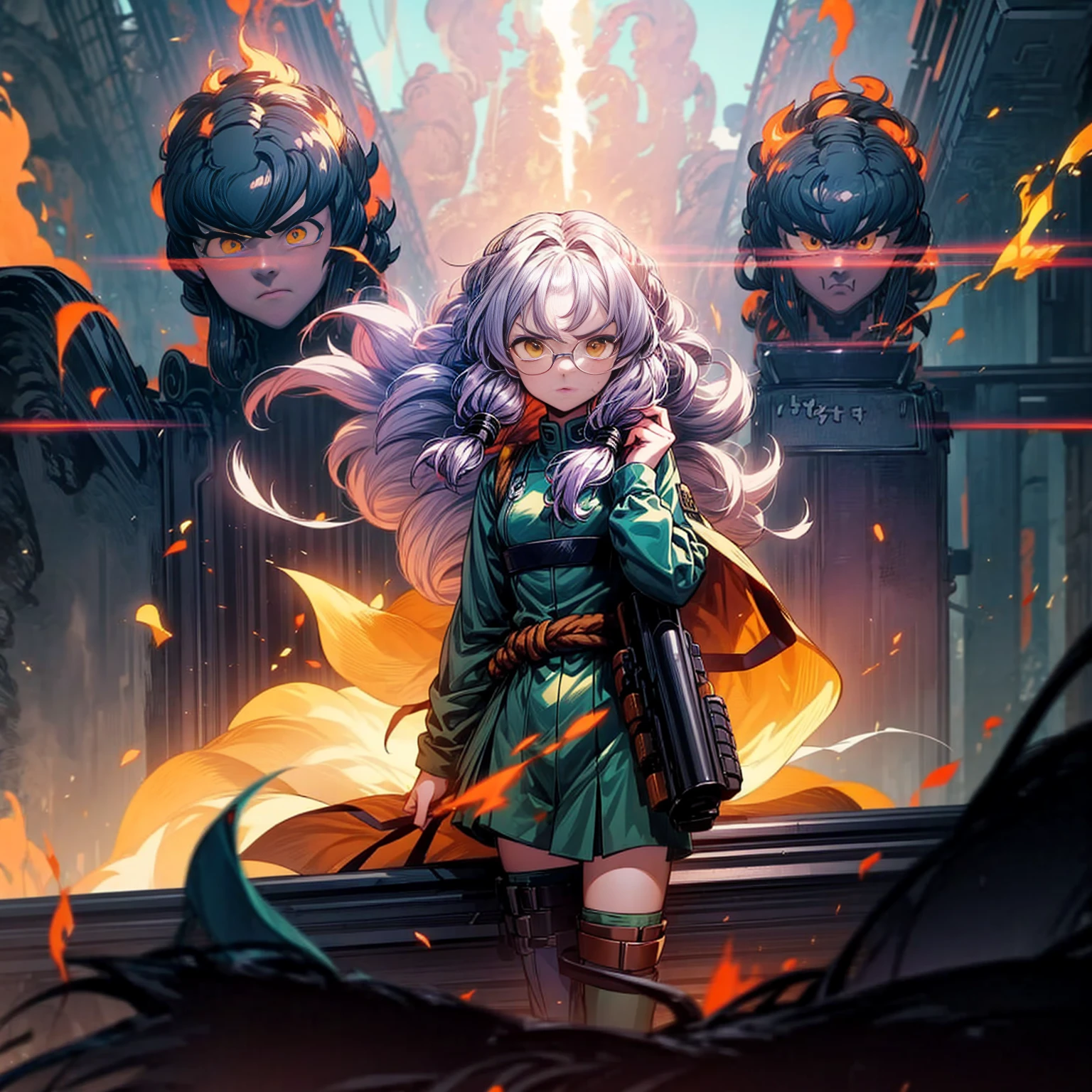 1tall girl, 1character, gold eyes, long Curly haircut, lavender color hair, army style clothing, white glasses, Long socks, boots army, Grassroots, background in top of the building, motion blur, (dragon ball style art), Big robot gun in hand, smoke effect, aura effect, Fire, lighting fire, plasma effect, fire city, (half body view version, angry , standing gesture)