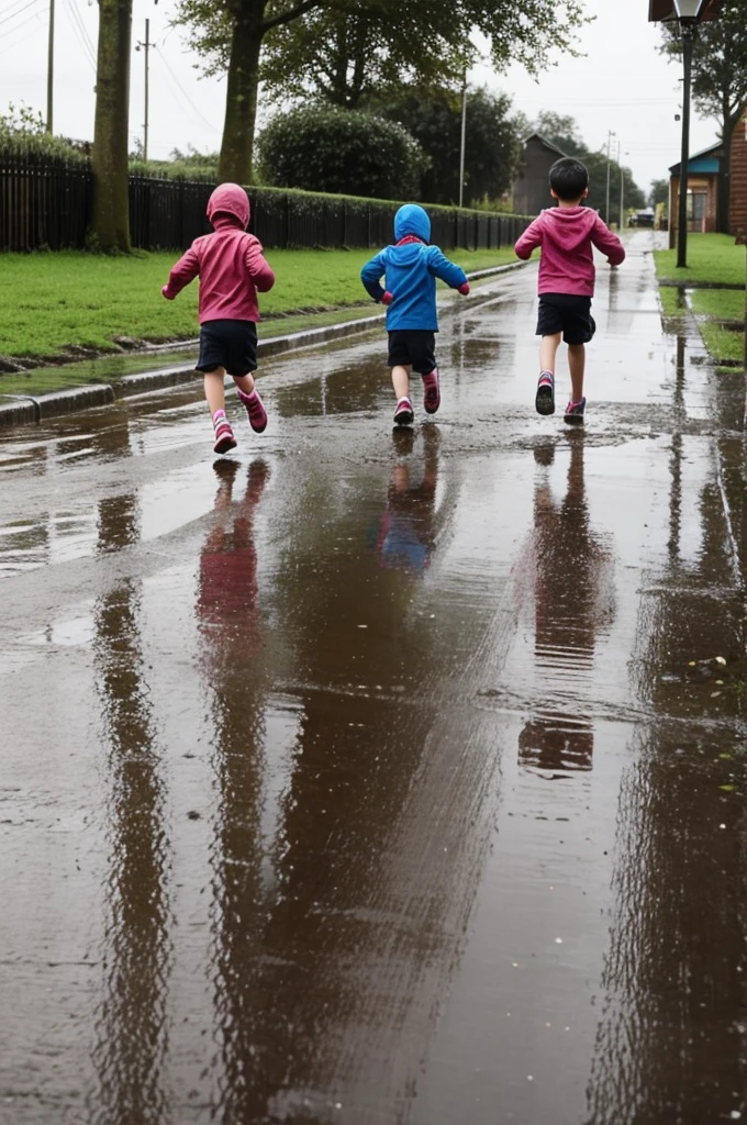 Children running through puddles after rain 