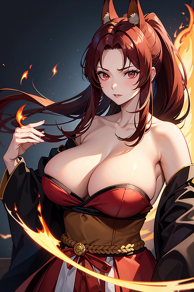 4K masterpiece anime style dark red hair long ponytail bangs down mature woman very large bust huge breasts revealing hakama fox ears and nine fox tails of the same color as the hair flaming sword、Sword、He is wearing a five-fingered flame and is holding a Japanese sword.