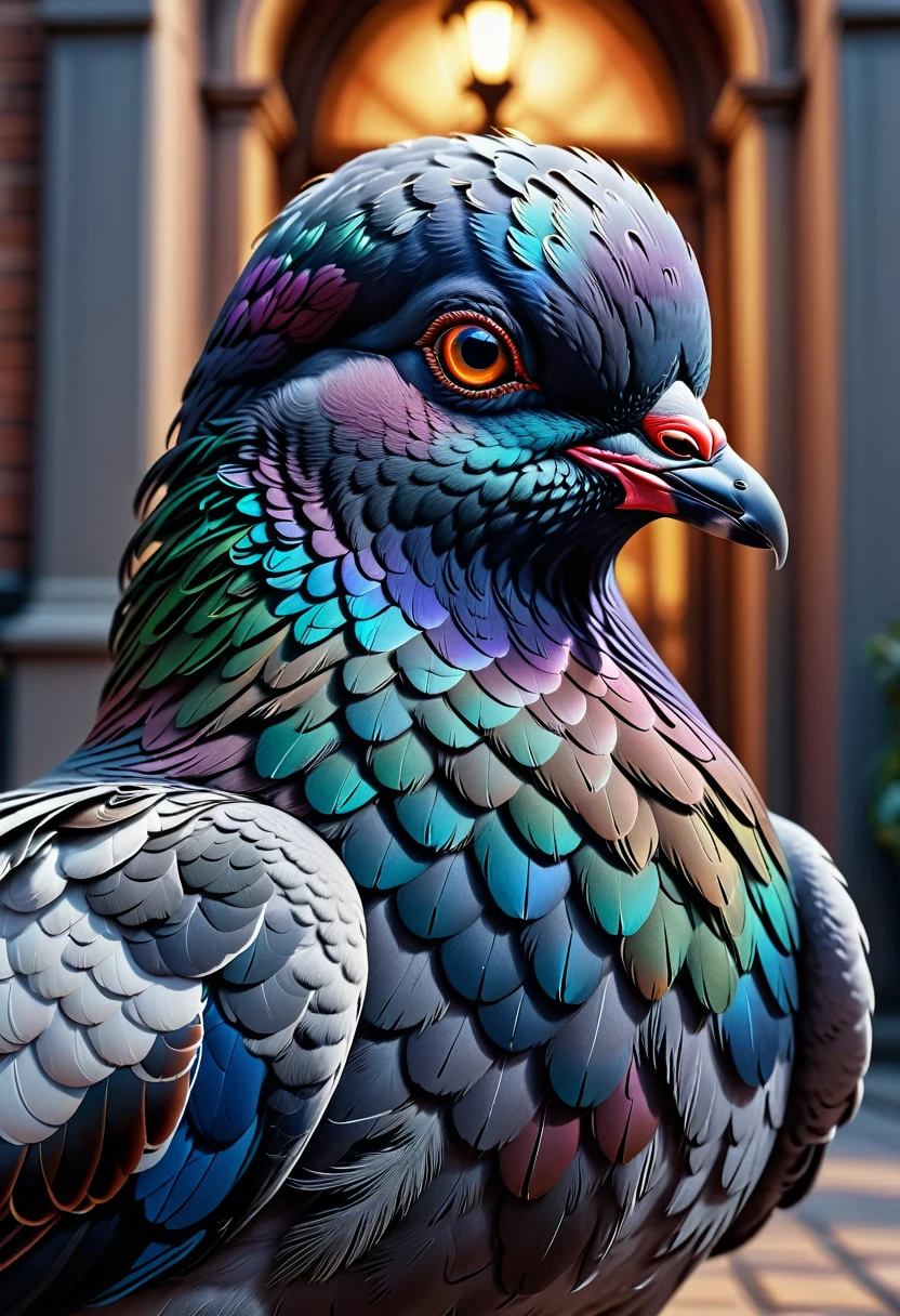 a high resolution detailed image of a majestic (pigeon), hyper-realistic, inspired by the style of Peter Tarna, 8k resolution, detailed feathers, realistic eyes, vibrant colors, intricate textures, lifelike rendering, dynamic pose, artistic interpretation, intricate patterns, intricate details, stunning visual impact, cinematic lighting, digital artwork, trending on art platforms