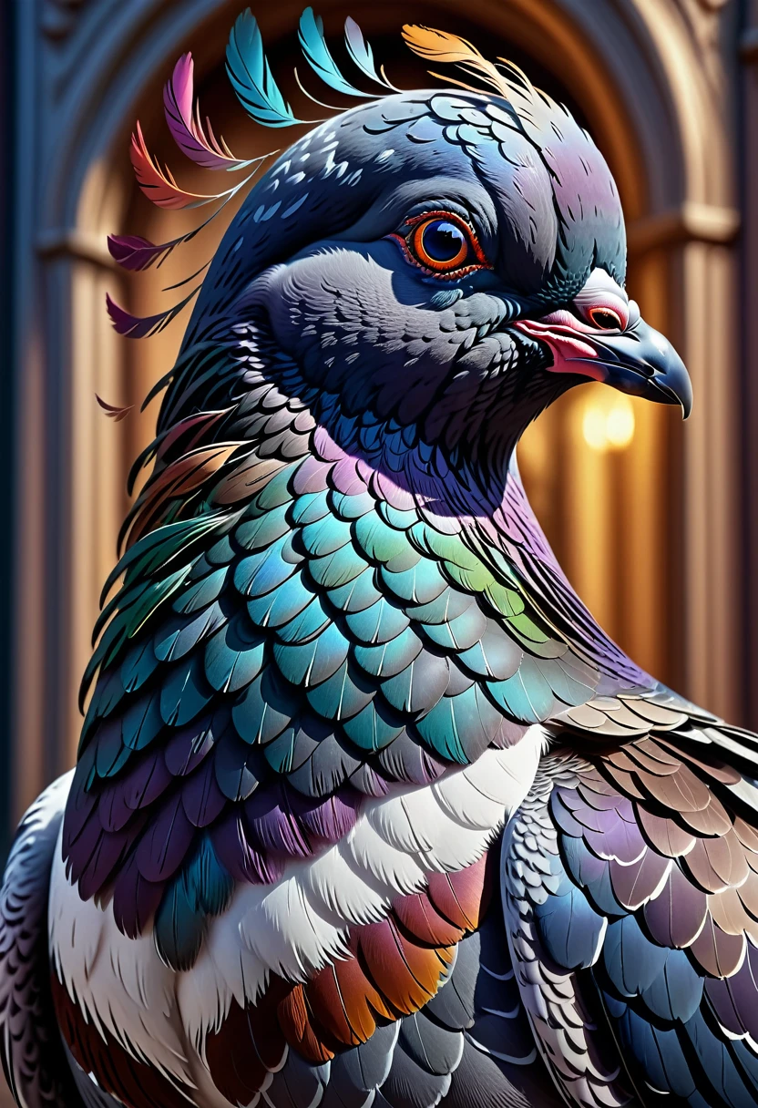 a high resolution detailed image of a majestic (pigeon), hyper-realistic, inspired by the style of Peter Tarna, 8k resolution, detailed feathers, realistic eyes, vibrant colors, intricate textures, lifelike rendering, dynamic pose, artistic interpretation, intricate patterns, intricate details, stunning visual impact, cinematic lighting, digital artwork, trending on art platforms