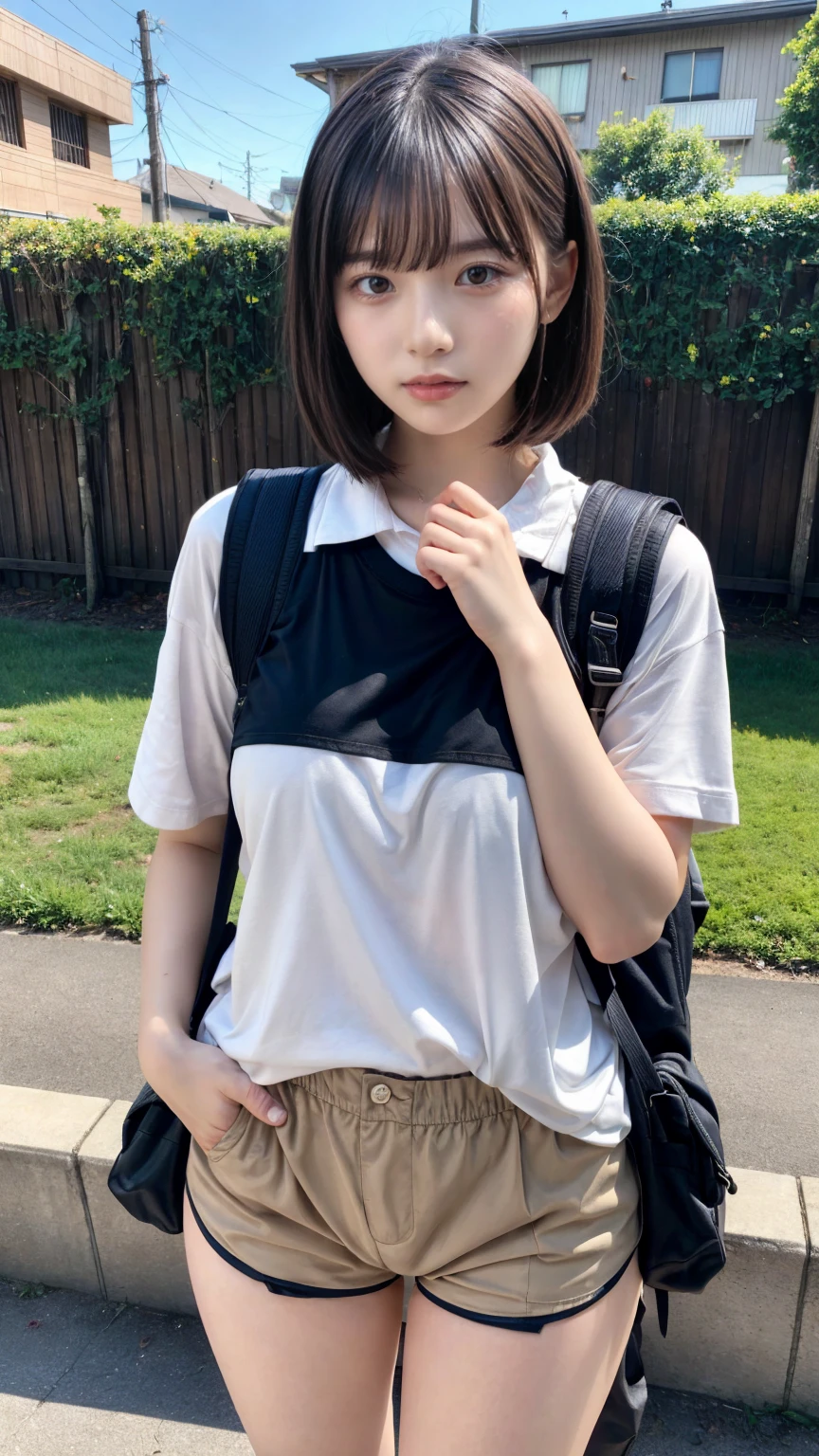 masterpiece, best quality, illustration, Super detailed, fine details, High resolution, 8K,wall paper, perfect dynamic composition,(Details High quality, realistic depiction of eyes:1.3), oversized sport shirt, shorts women, small backpack, short bob hair, black hair color, Big Natural Color Lip, sexy pose, crying a little、cold gaze, Harajuku style、20 year old girl、cute type、lolita, hposing Gravure Idol, full body photo、focus on crotch, huge breasts