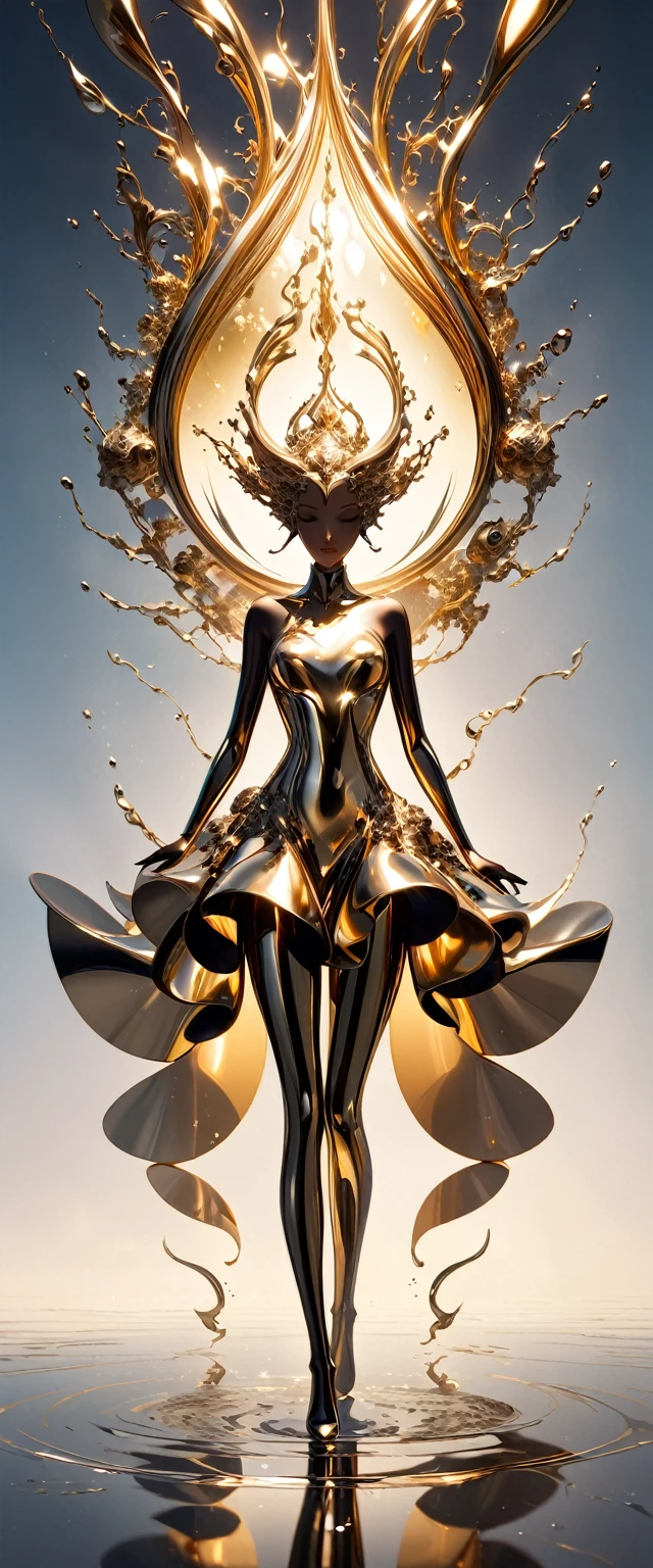 Surreal Metal, Completely dissolved liquid, Polished metal texture down to the last detail, reflection, Gloss, Shine, Formation of the Goddess, Attractive and beautiful form,