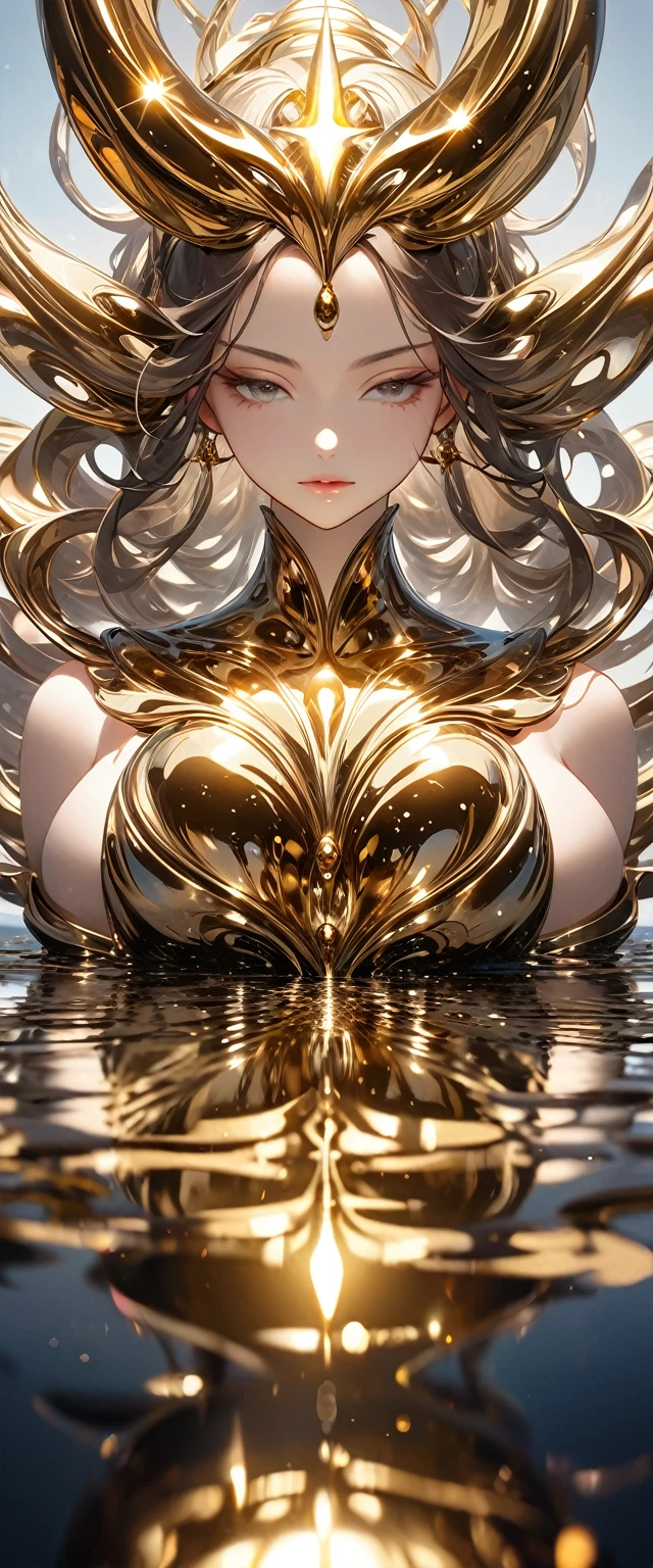 Surreal Metal, Completely dissolved liquid, Polished metal texture down to the last detail, reflection, Gloss, Shine, Formation of the Goddess, Attractive and beautiful form, 