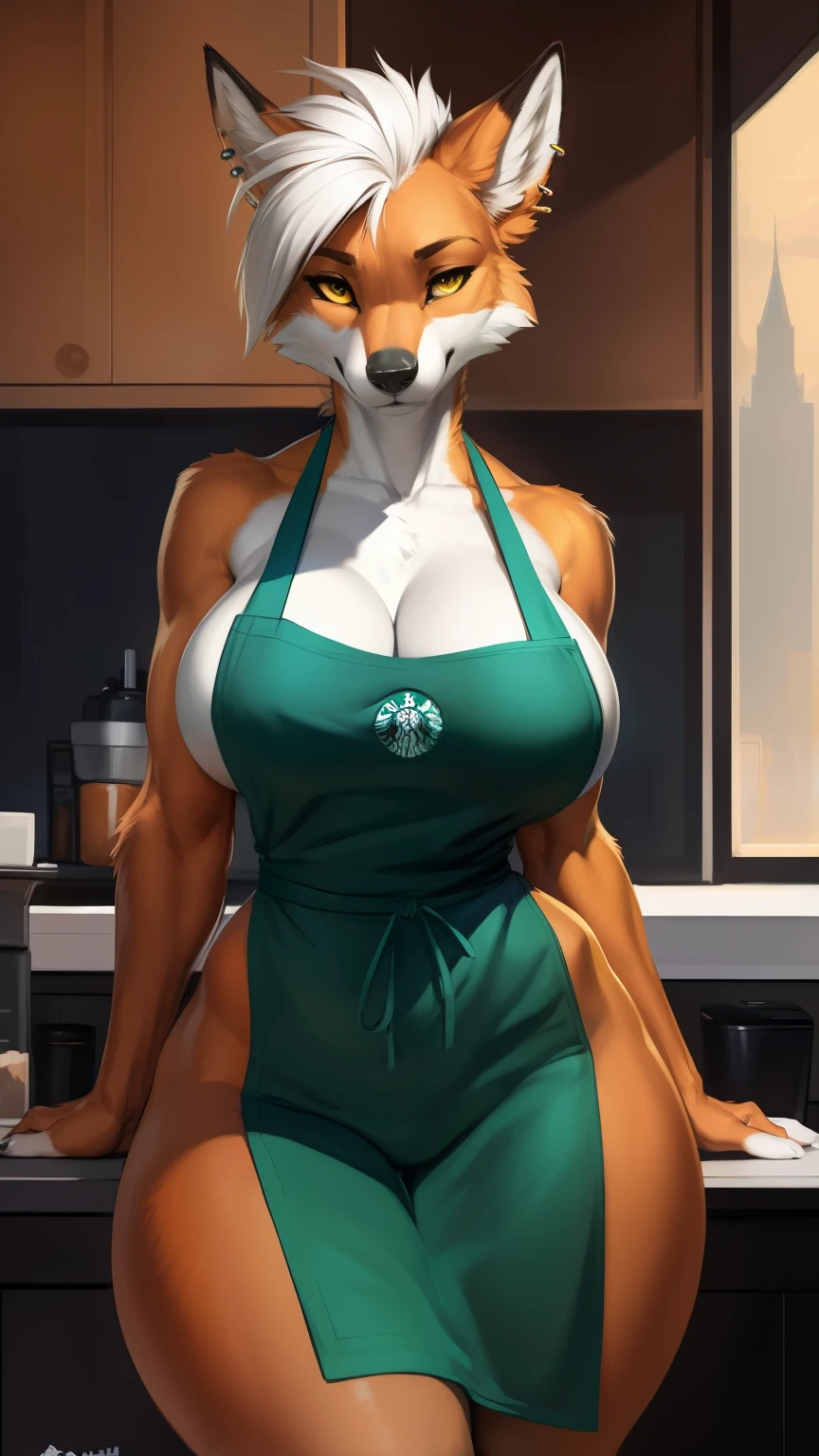 (anthro)) vixen/fox, Ross Tran, by ruan jia, by zaush, by foxovh, by cutesexyrobutts, by cervina_7, by sligarthetiger, Best Quality, masterpiece,, Illustration, Wallpaper,1girl in, Solo, orange fur, white hair, mohawk on one side, ,mohawk haircut, the end tips of hair are aqua blue, dot piercings 3 in 2 row down her snoot, multipule golden ear piercings , golden yellow eyes, glowing eyes, Beautiful detailed girl, extremely detailed eye and face, black dragon tattoo on her arm, tattoos, Beautiful detailed eyes, natural_Lighting, Looking at Viewer, Thick_thighs, big ass, tall, hourglass figure, female, cute, Starbuck, casher, barista, Starbucks apron, large breasts, natural breasts, tail, tall, happy expresion, wide hips thin waist, 8k