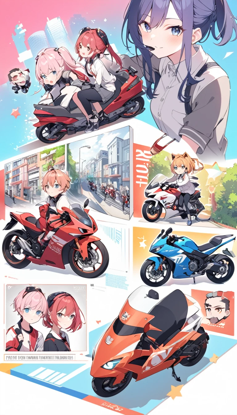 You can put the girl driving a black sports motorbike on the front of the cover and the guy driving a red sports motorbike behind her. You can give different expressions to the characters, like a pretty girl, sweet who is focused ahead with a cold gaze and a boy who glances with interest.
Background You can use a simple background like a city street and you can also add details like street lights or trees to make your cover more interesting.
To create a more attractive cover for teenagers, I suggest you consider a few things:
 
- Color:  Bright and bold colors are always popular among teenagers.  You can choose colors like light blue, pink, kuning, or green.  You can also use contrasting color combinations to make your cover stand out more.
- Komposisi:  The composition of your cover must be balanced and attractive.  You can use rules like the rule of thirds to make your cover more interesting.
- Detail:  Small details like shadow effects, texture, or patterns can make your cover more interesting.