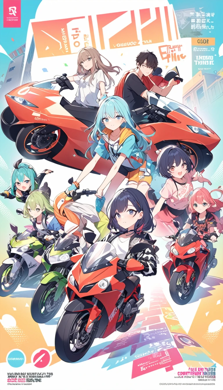 You can put the girl driving a black sports motorbike on the front of the cover and the guy driving a red sports motorbike behind her. You can give different expressions to the characters, like a pretty girl, sweet who is focused ahead with a cold gaze and a boy who glances with interest.
Background You can use a simple background like a city street and you can also add details like street lights or trees to make your cover more interesting.
To create a more attractive cover for teenagers, I suggest you consider a few things:
 
- Color:  Bright and bold colors are always popular among teenagers.  You can choose colors like light blue, pink, kuning, or green.  You can also use contrasting color combinations to make your cover stand out more.
- Komposisi:  The composition of your cover must be balanced and attractive.  You can use rules like the rule of thirds to make your cover more interesting.
- Detail:  Small details like shadow effects, texture, or patterns can make your cover more interesting.